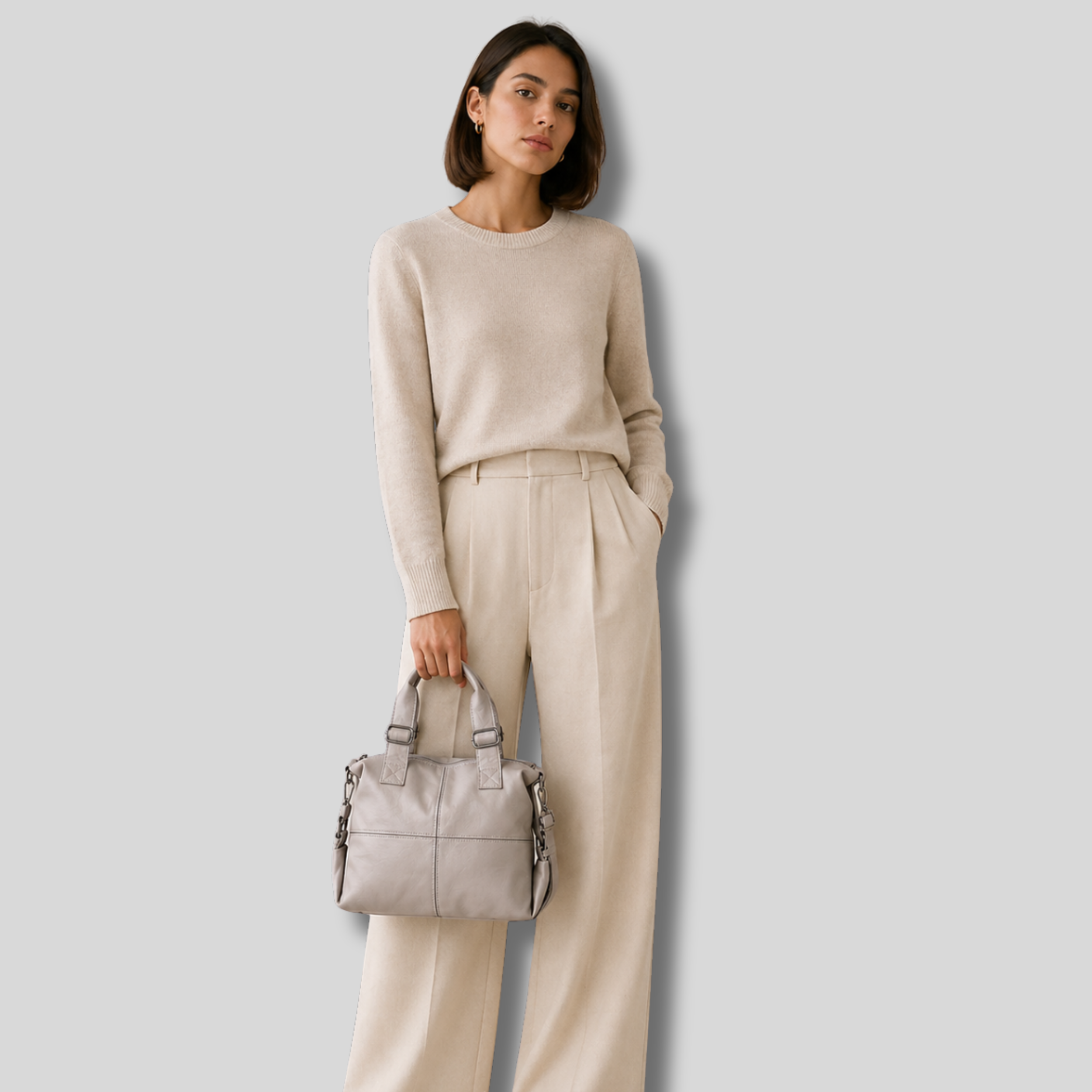 Femme tenant sac cabas beige clair à la main look chic