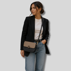 Sac bandoulière en cuir véritable bicolore camel et beige – vue de face