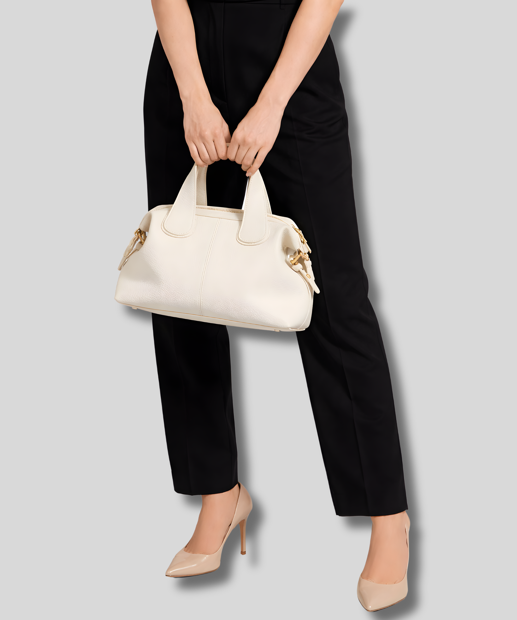 sac cuir crème femme porté élégant minimaliste
