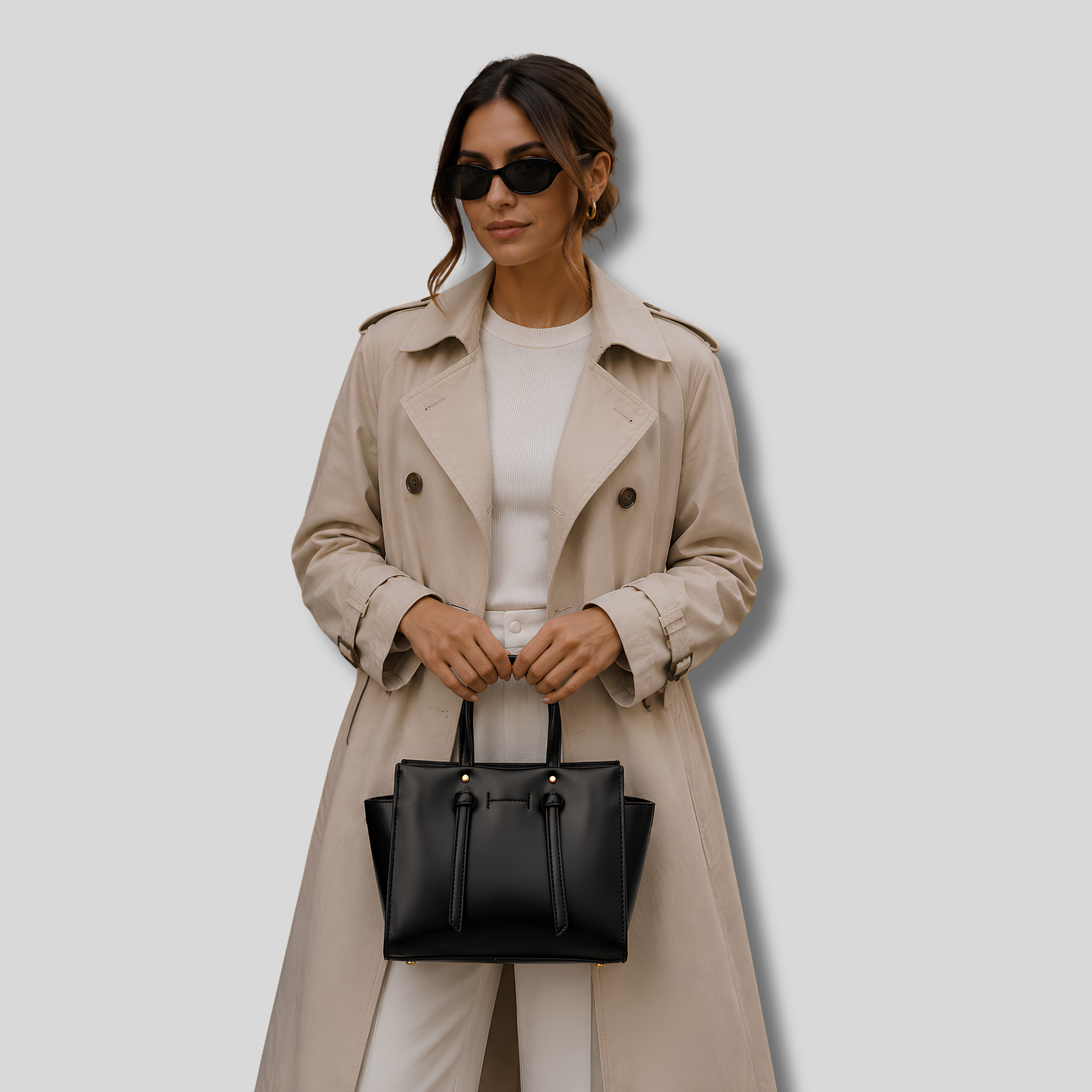 Femme tenant le Sac Cabas Virelia noir dans un look chic et moderne