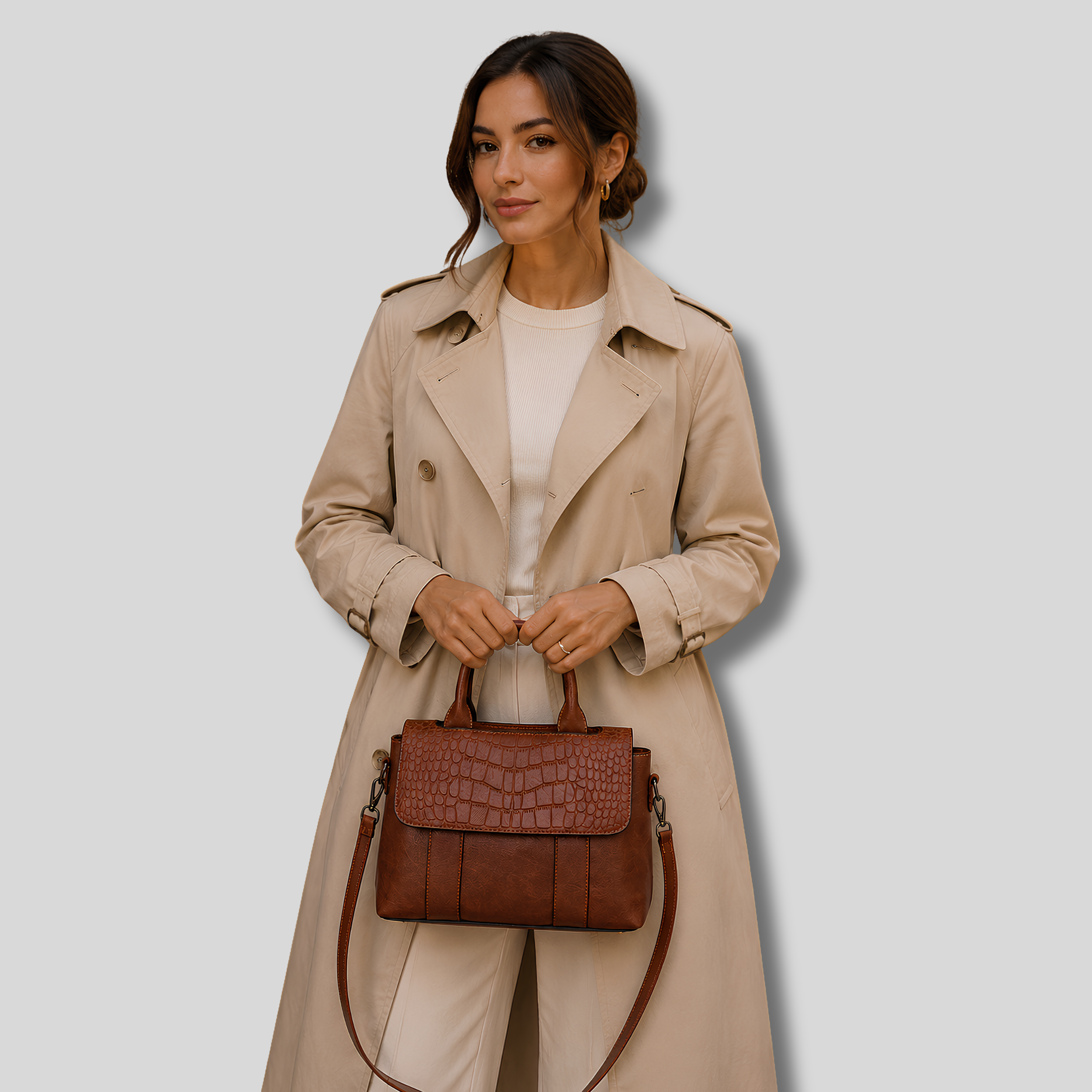 Modèle tenant le sac Crocélya marron avec look chic et intemporel