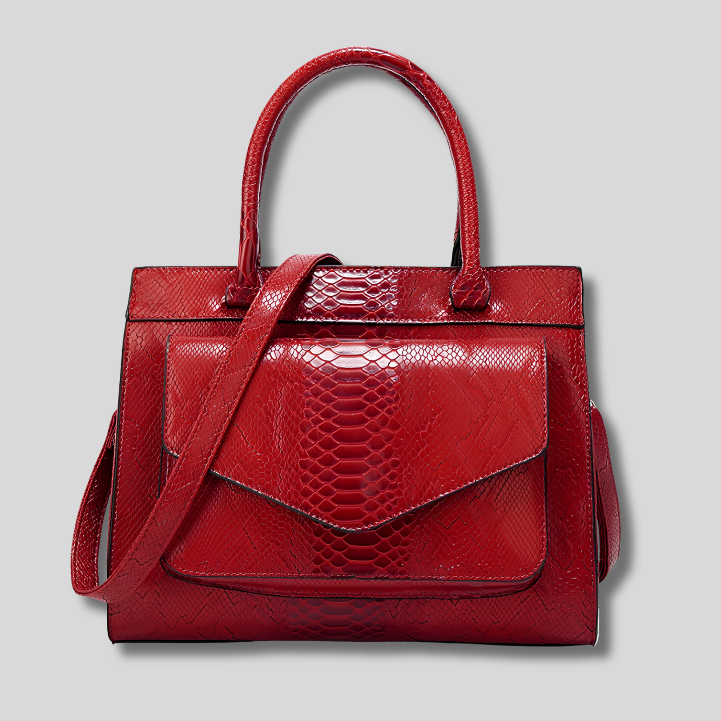 Sac Cabas Oréliane rouge effet crocodile, vue de face avec bandoulière amovible