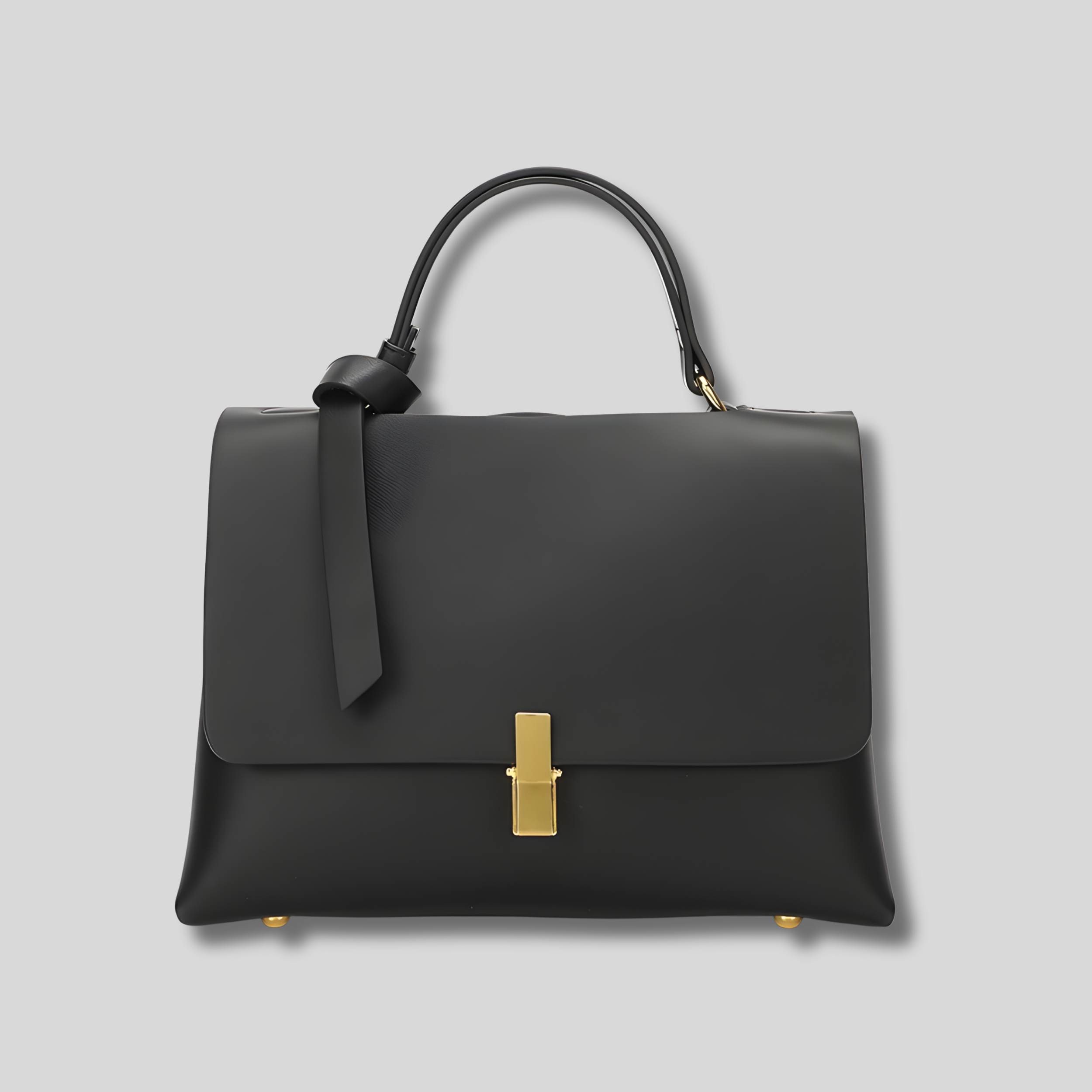 Sac à main structuré noir en cuir avec fermoir doré et poignée élégante – vue de face.