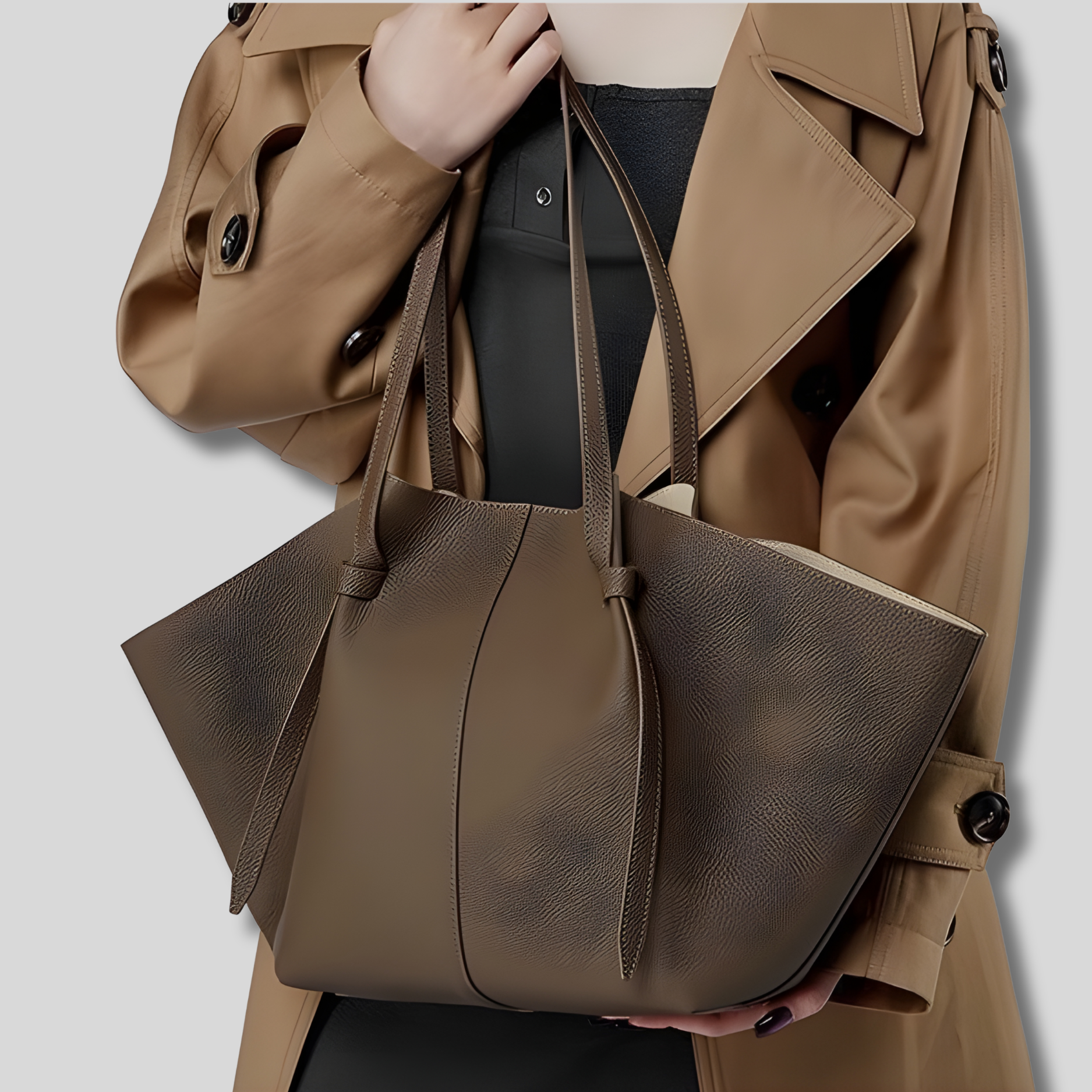 Sac cabas Novélya en cuir marron porté à l’épaule avec trench beige – vue lifestyle élégante