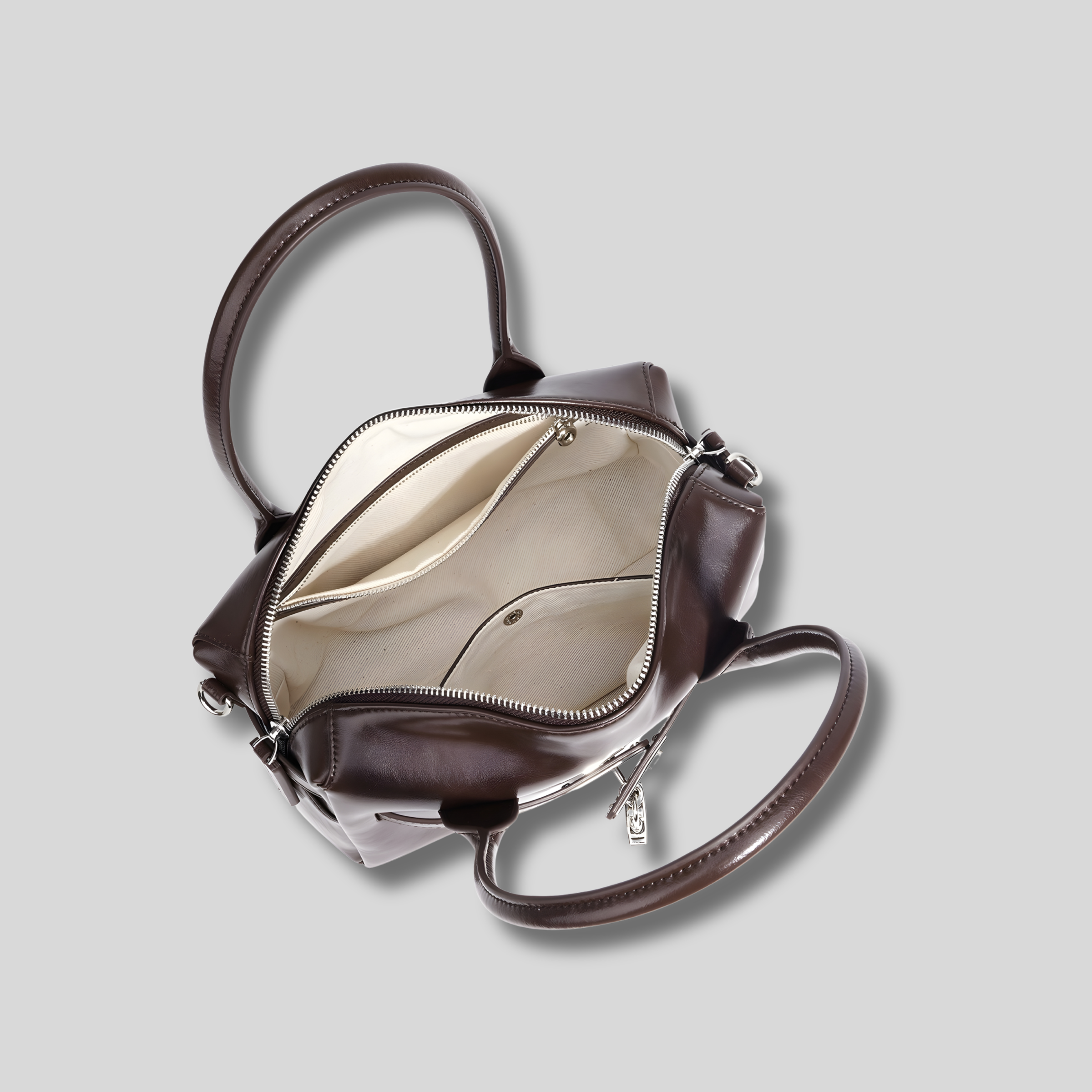 Sac bandoulière Arvielle cuir marron vue intérieure compartiments