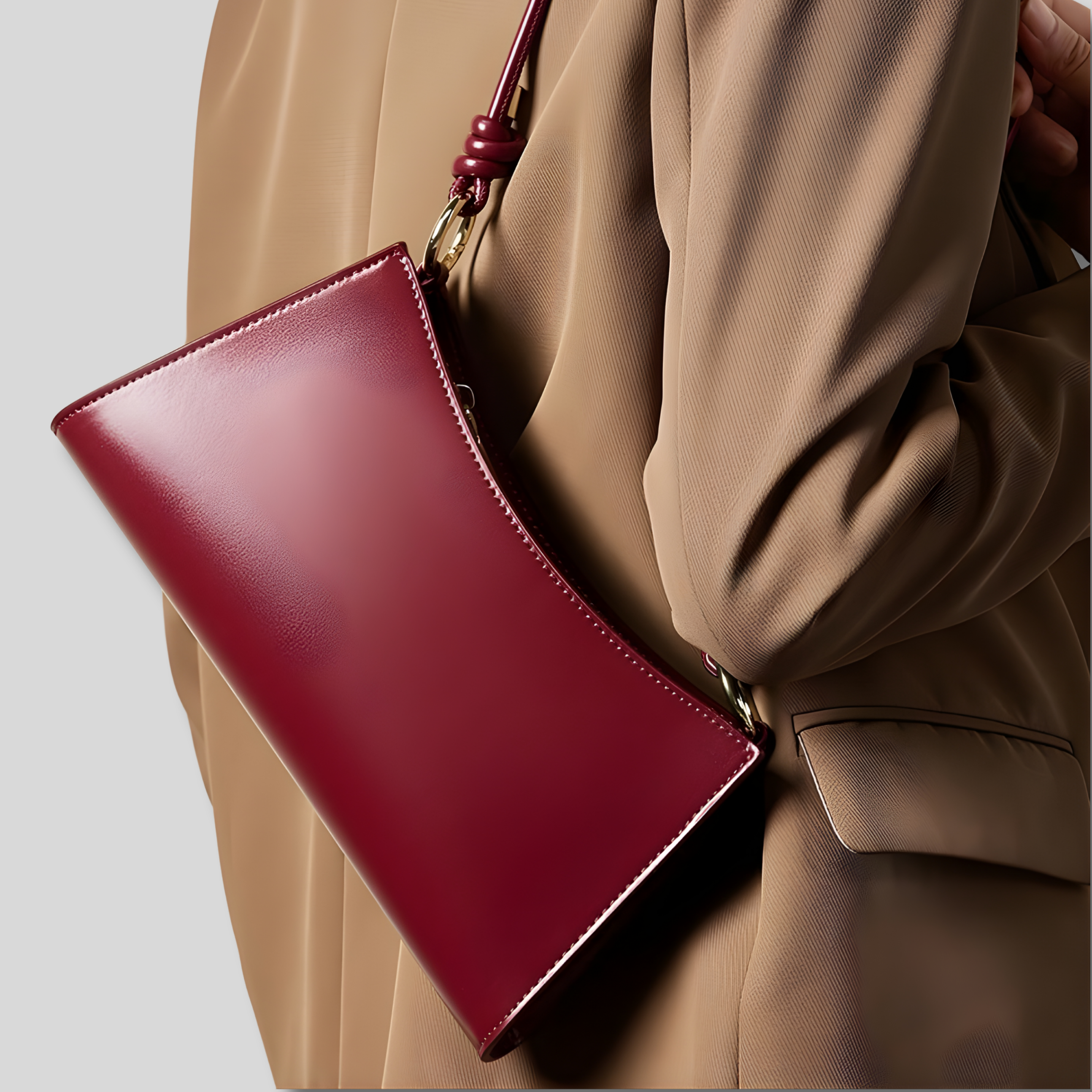 Sac épaule rouge élégant porté par une femme – design minimaliste avec détails dorés