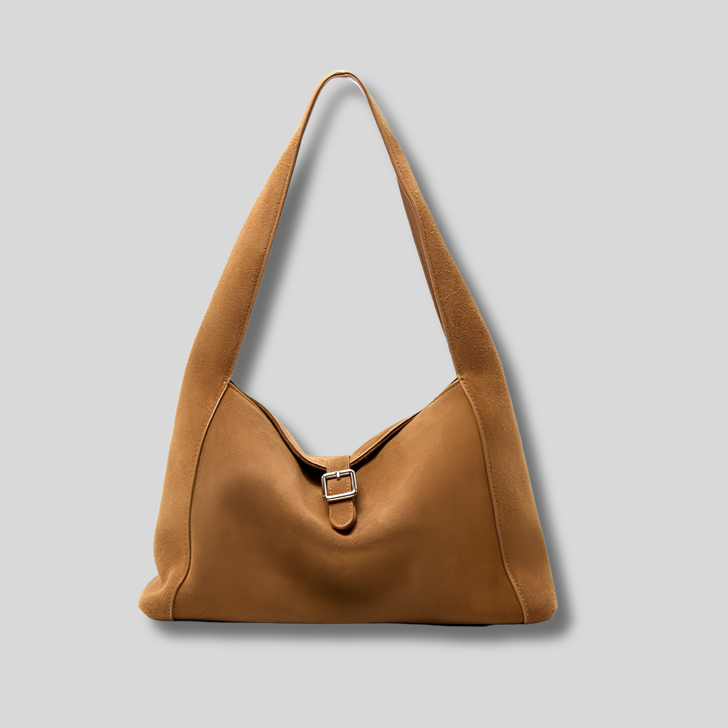 Sac Épaule Ambréa en cuir véritable effet daim camel avec boucle élégante et silhouette souple.