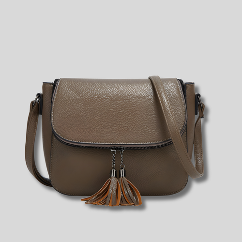 sac bandoulière taupe avec pampilles vue de face