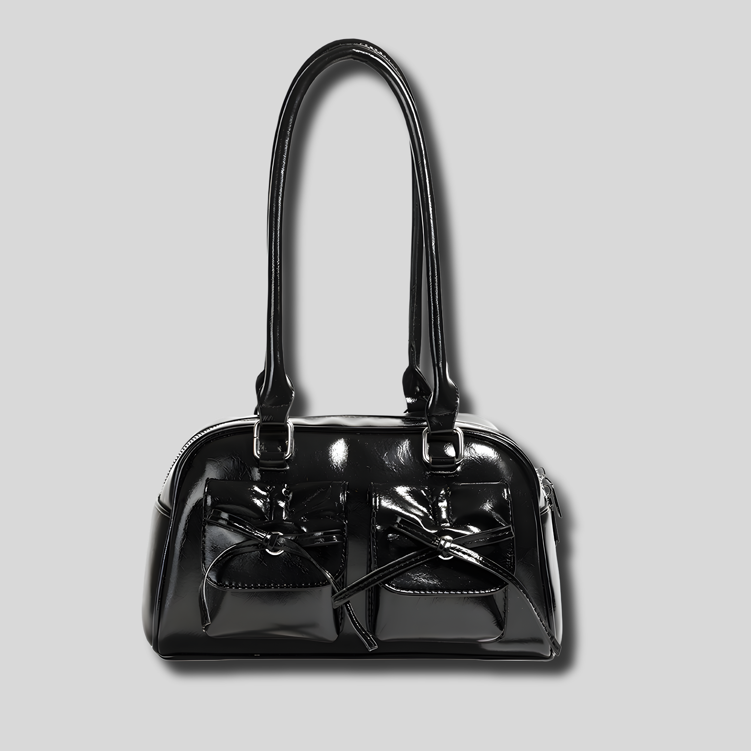 Sac épaule noir brillant avec nœuds décoratifs vue de face – AlluTurne