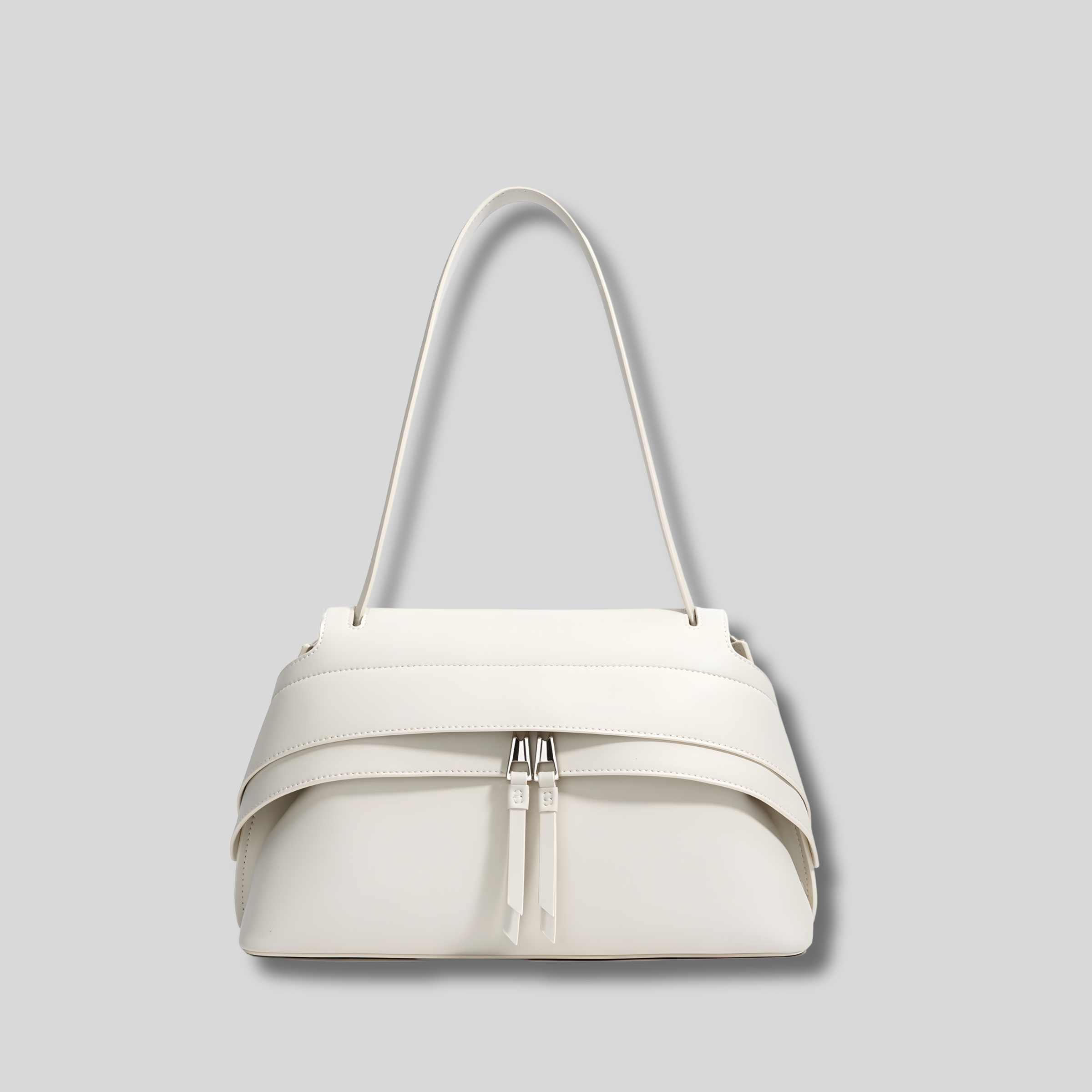 Sac bandoulière beige élégant avec fermeture zippée et design minimaliste – vue de face