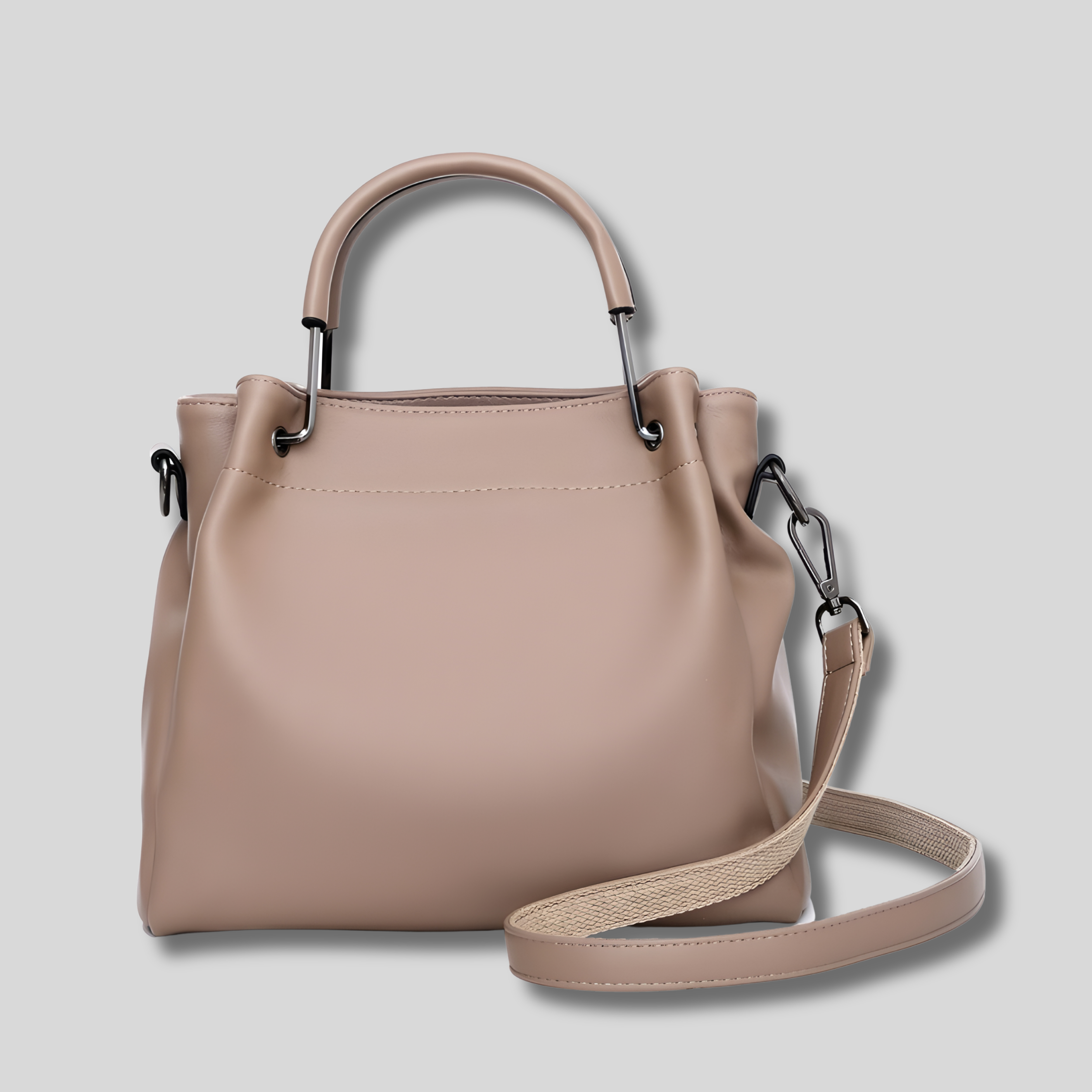 Sac seau Alméra beige en similicuir – vue de face avec poignée et bandoulière