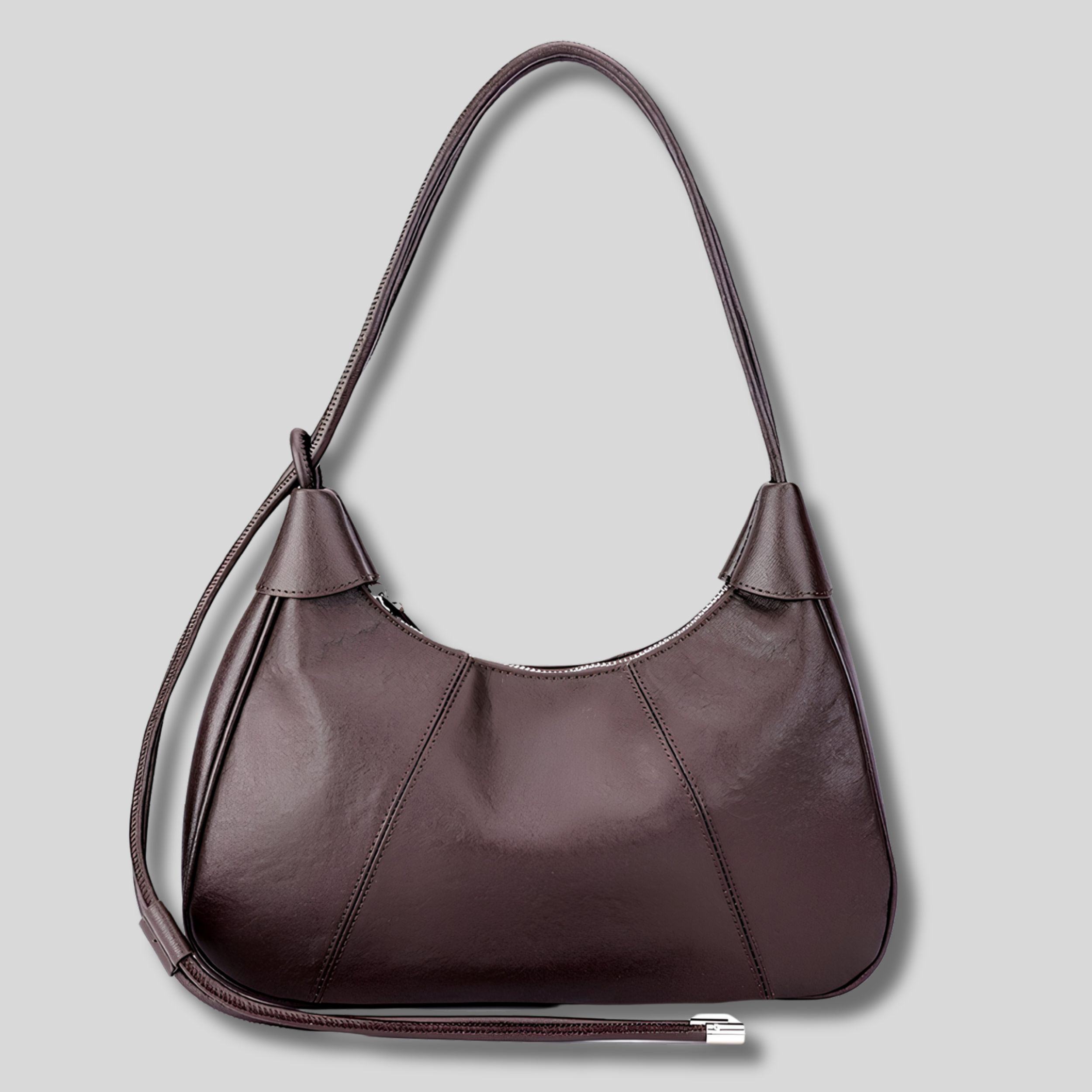 Sac Épaule Rovelle en cuir véritable marron foncé avec bandoulière réglable – vue de face