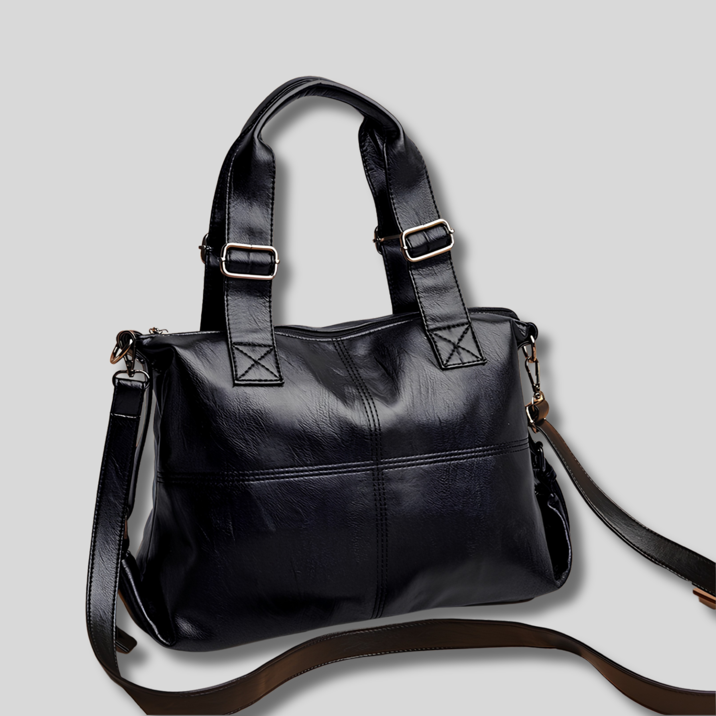 Sac cabas cuir noir vue de face avec bandoulière réglable