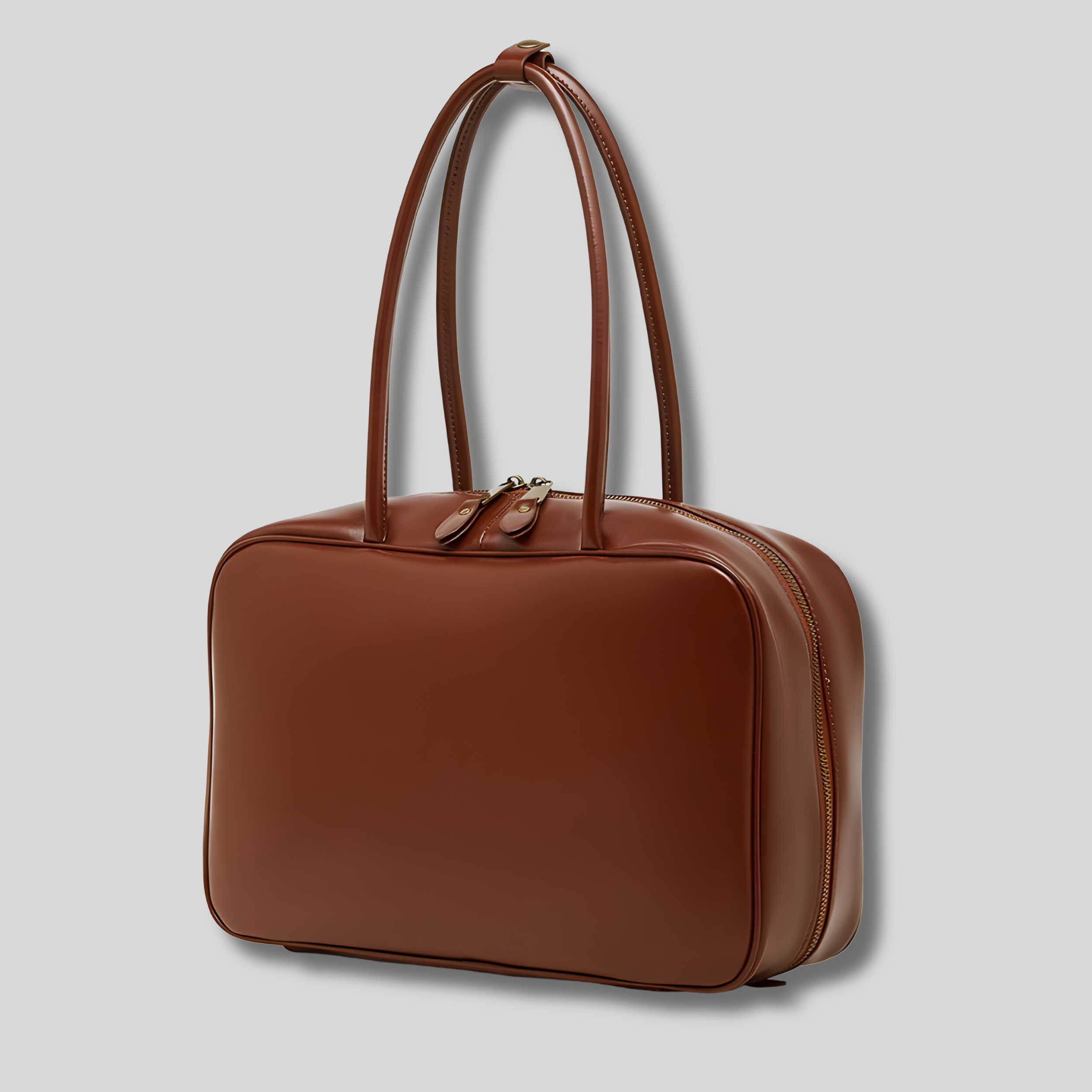 Sac épaule en cuir véritable marron clair Zéphira – silhouette rectangulaire structurée avec double fermeture éclair dorée