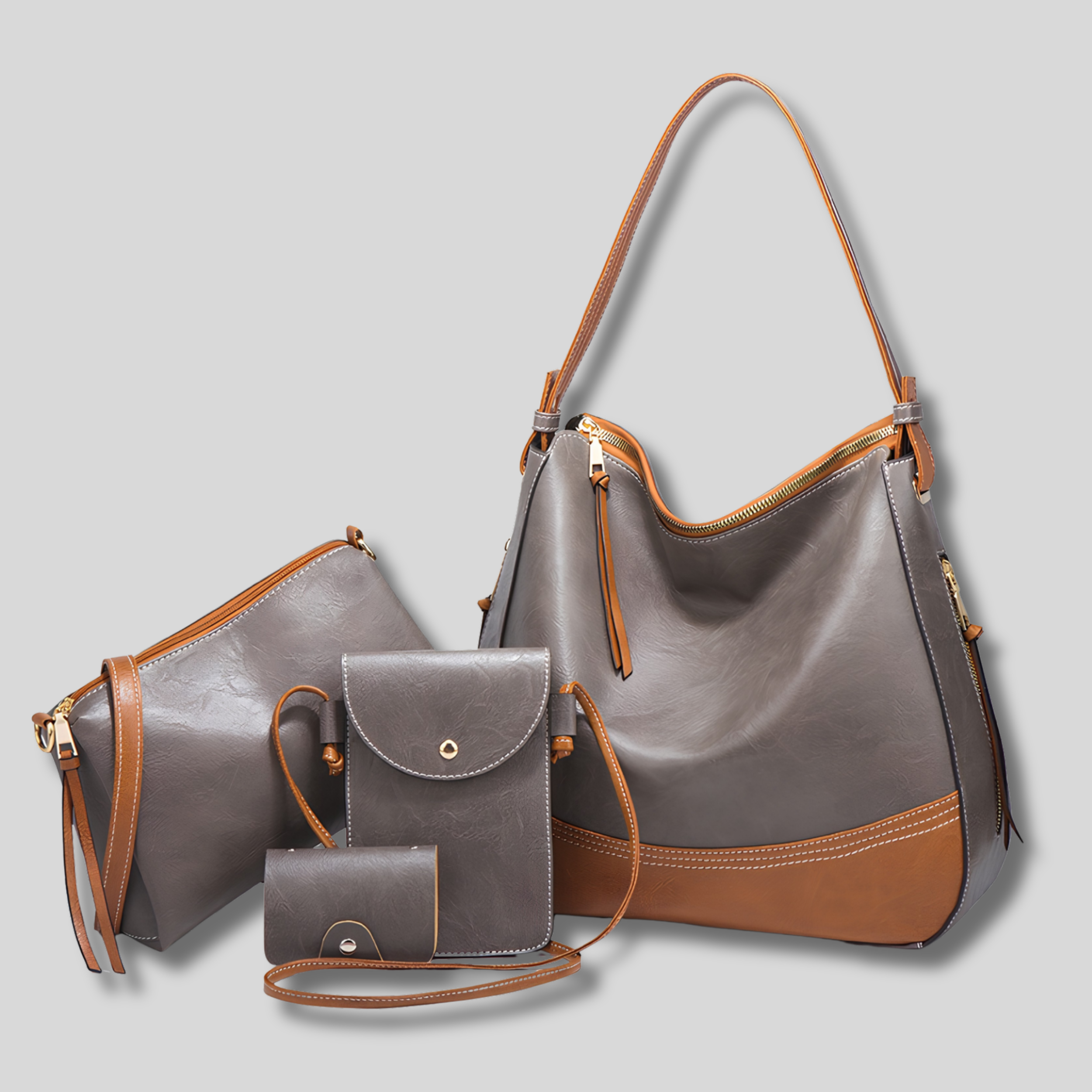 Ensemble de sacs femme gris et camel avec grand sac épaule et accessoires assortis