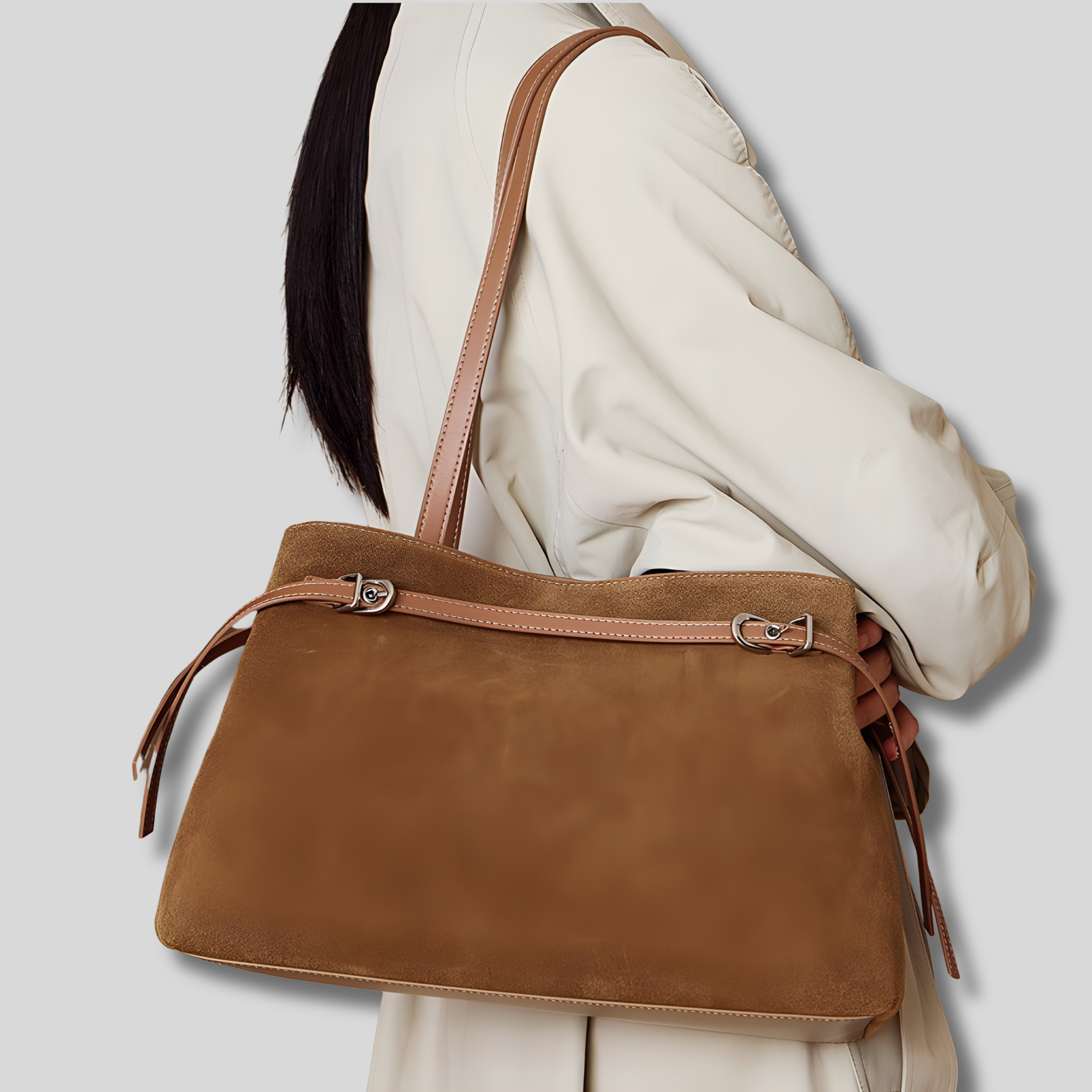 Sac Cabas Elvéra en daim marron porté à l’épaule – vue lifestyle