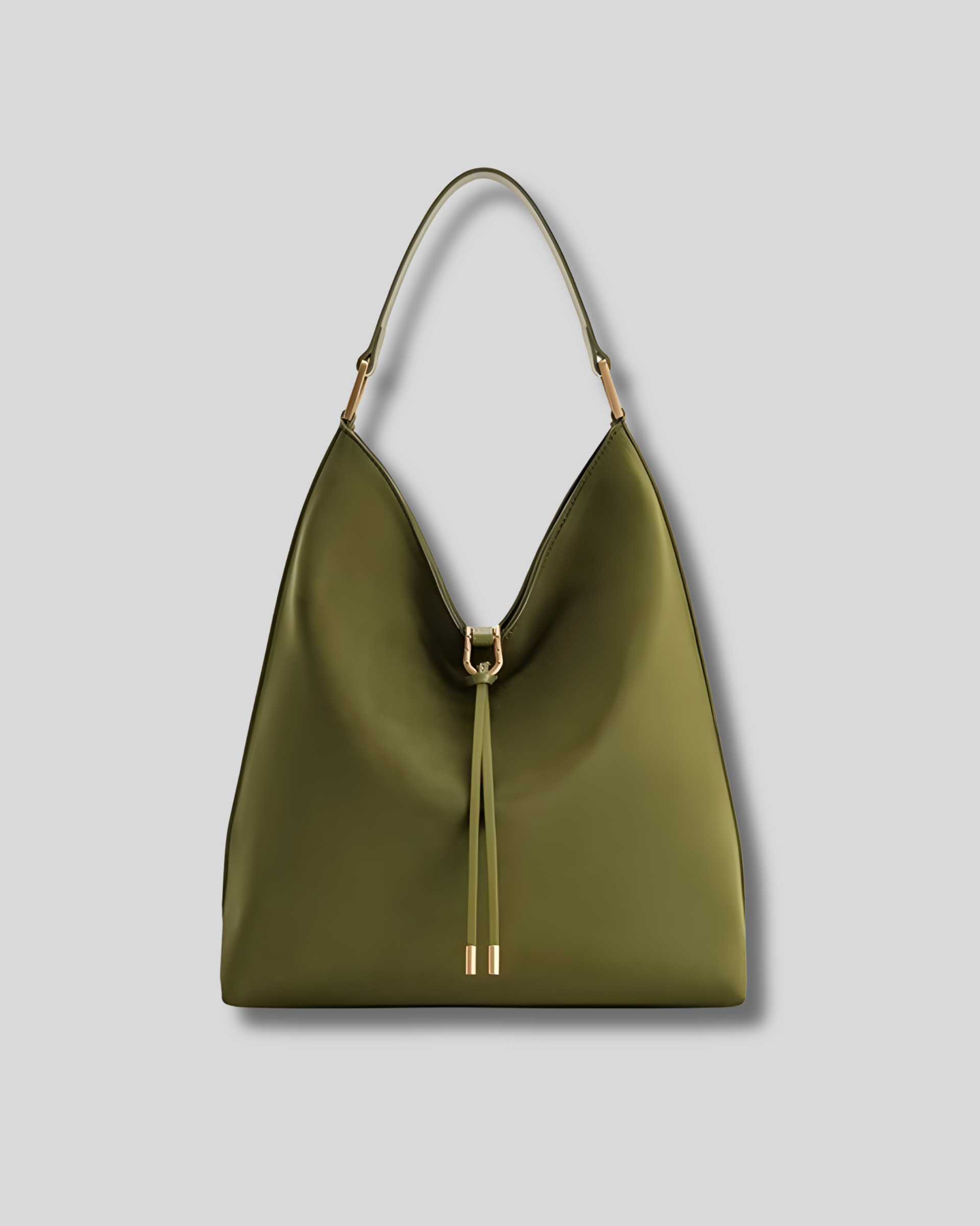Sac cabas suédé vert olive vue de face avec bandoulière épaule