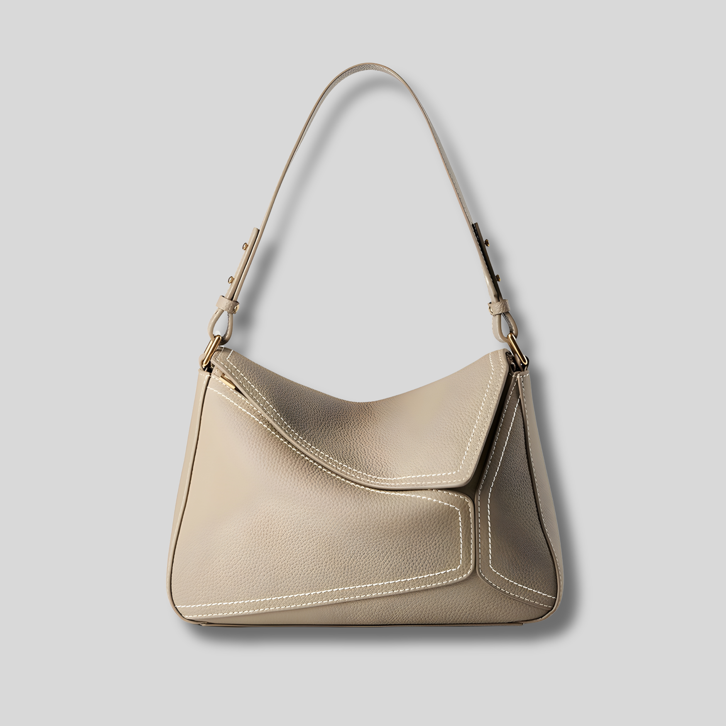Sac épaule en cuir beige au design géométrique moderne, vue de face