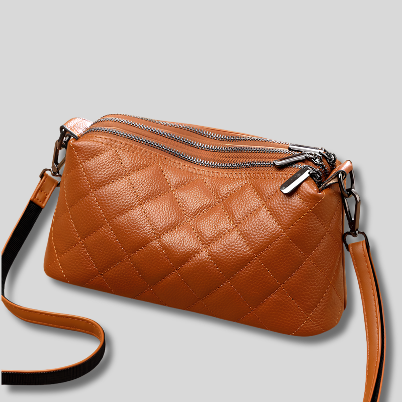 Sac épaule matelassé en cuir camel avec multiples compartiments zippés – vue avantv