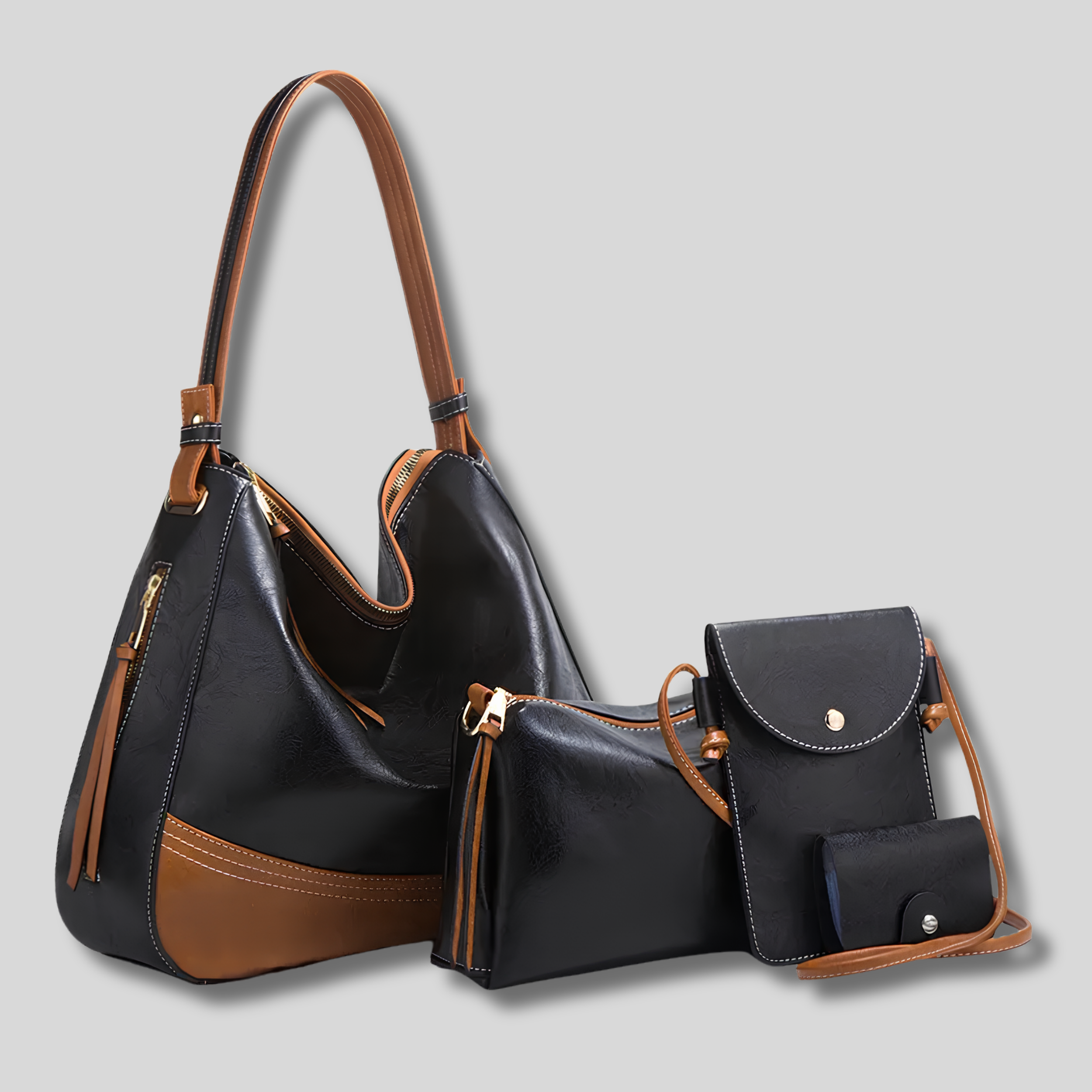 Sac épaule noir élégant avec set 4 pièces assorti en similicuir premium