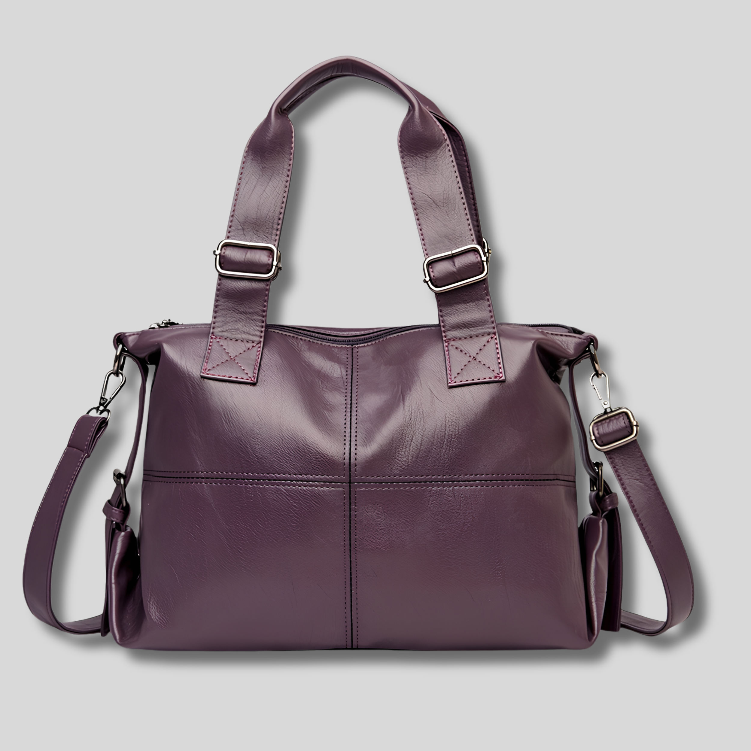 Sac cabas cuir prune vue de face avec bandoulière