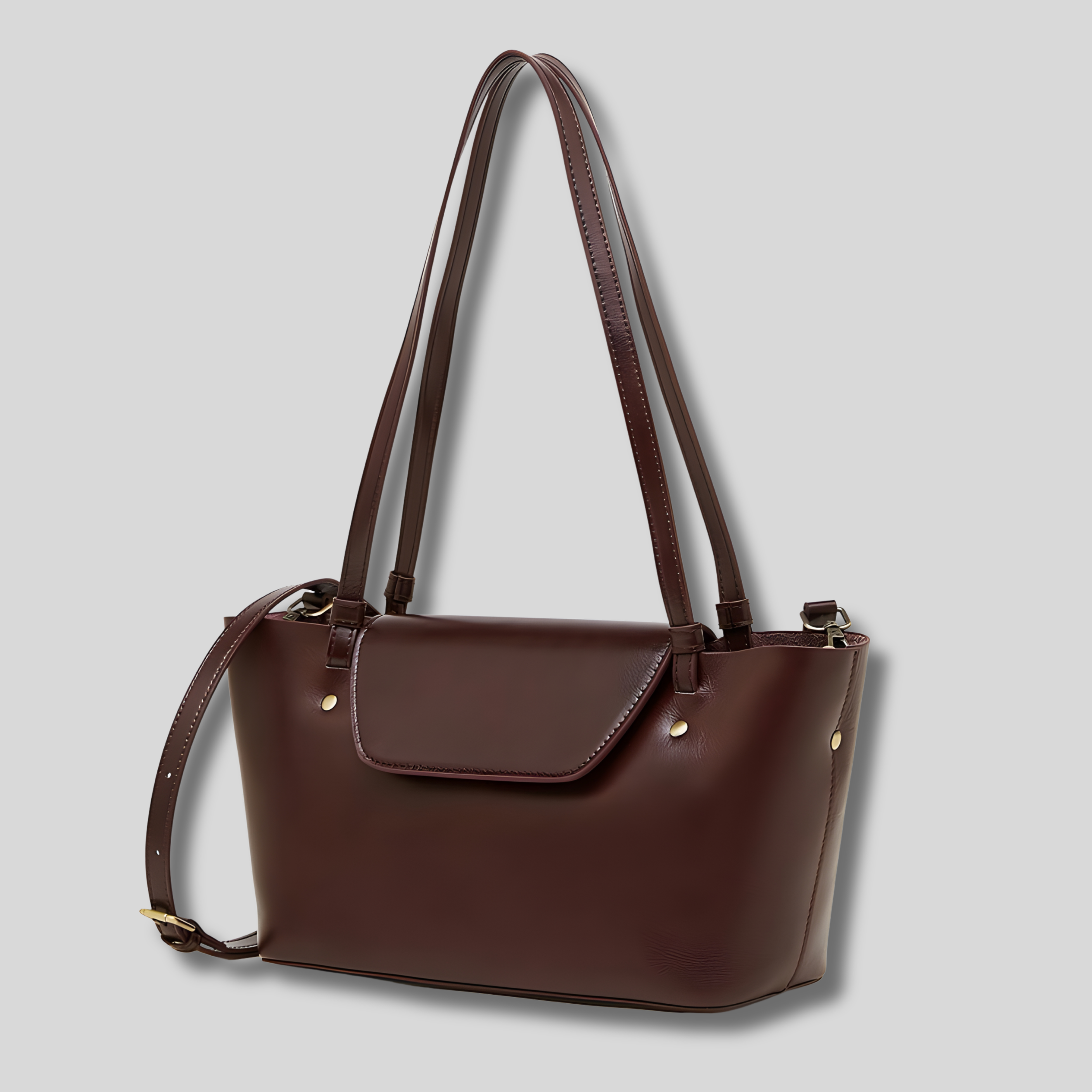 Sac Épaule Maëvora en cuir véritable marron foncé avec bandoulière ajustable et double anses
