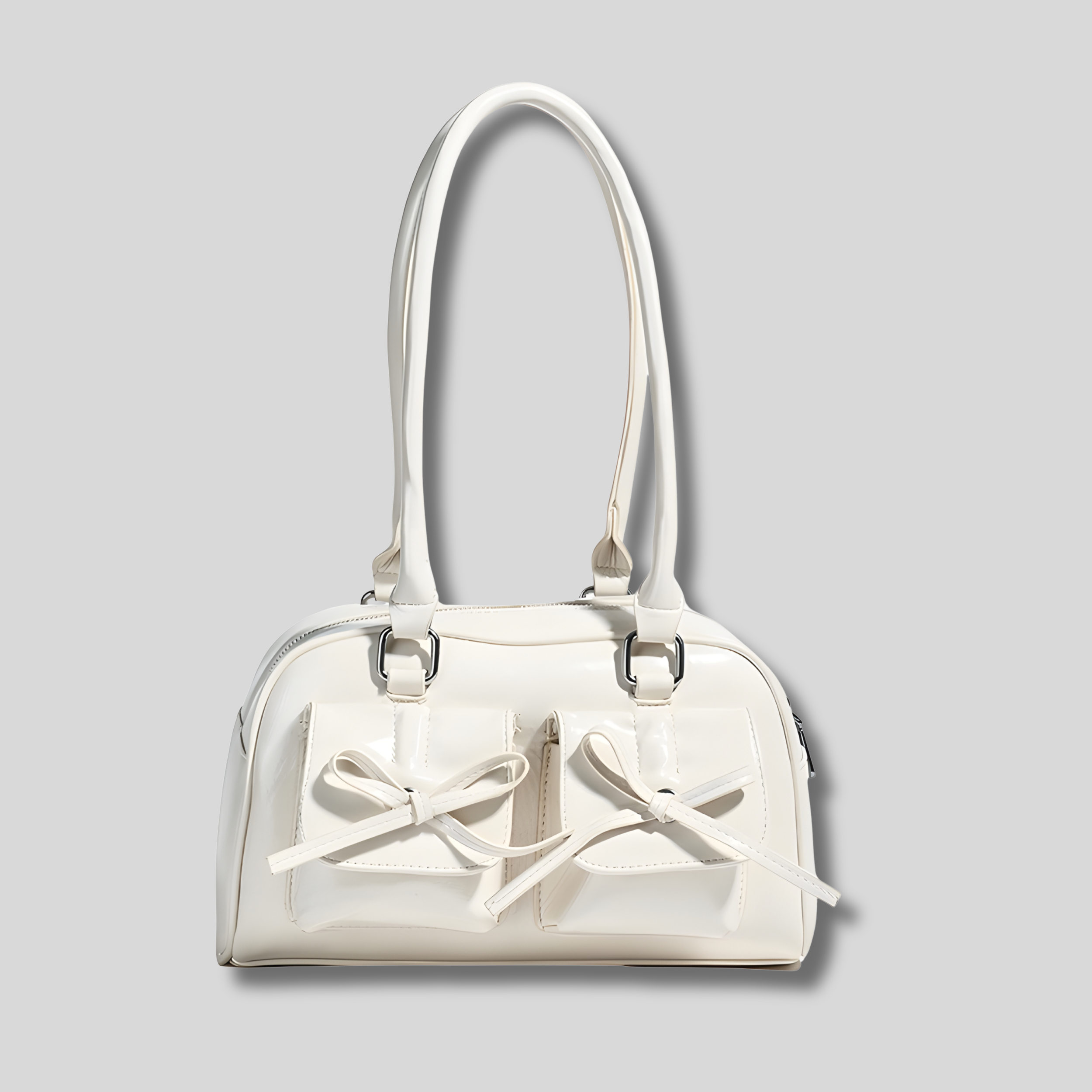 Sac épaule blanc brillant avec nœuds décoratifs vue de face – AlluTurne