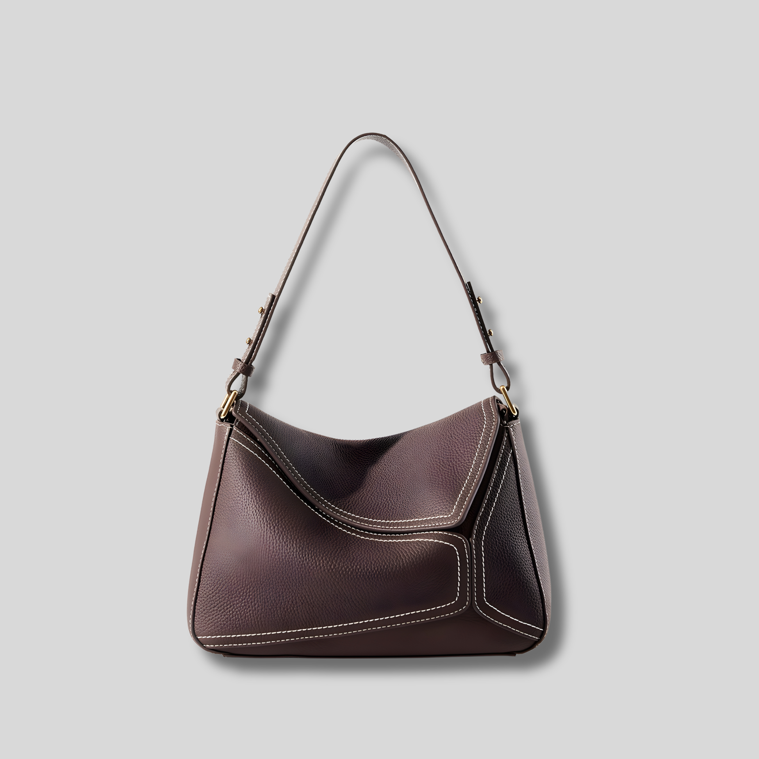 Sac épaule en cuir marron foncé avec coutures contrastées, vue de face