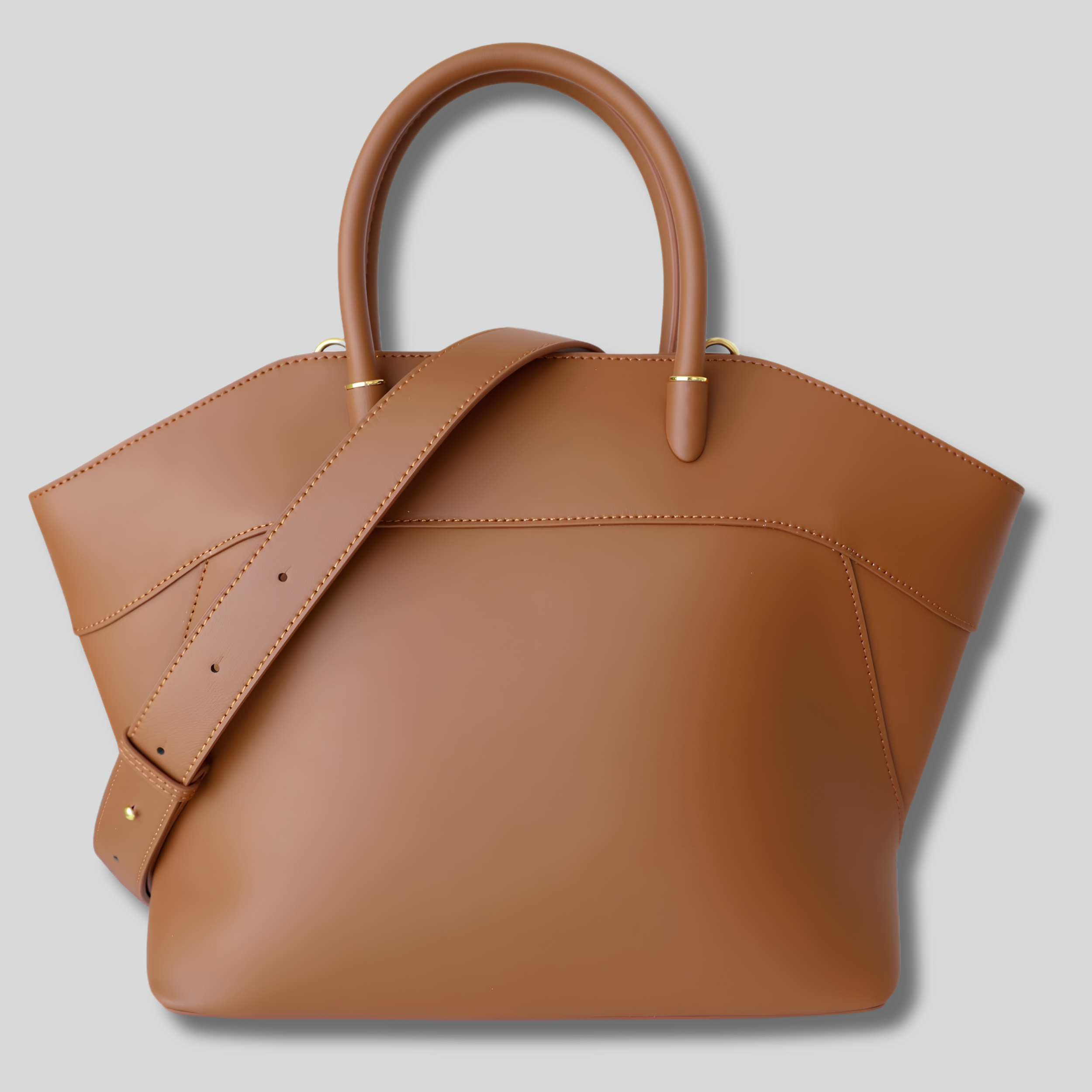 Sac Cabas Valessia camel en cuir véritable avec bandoulière amovible, vue de face.