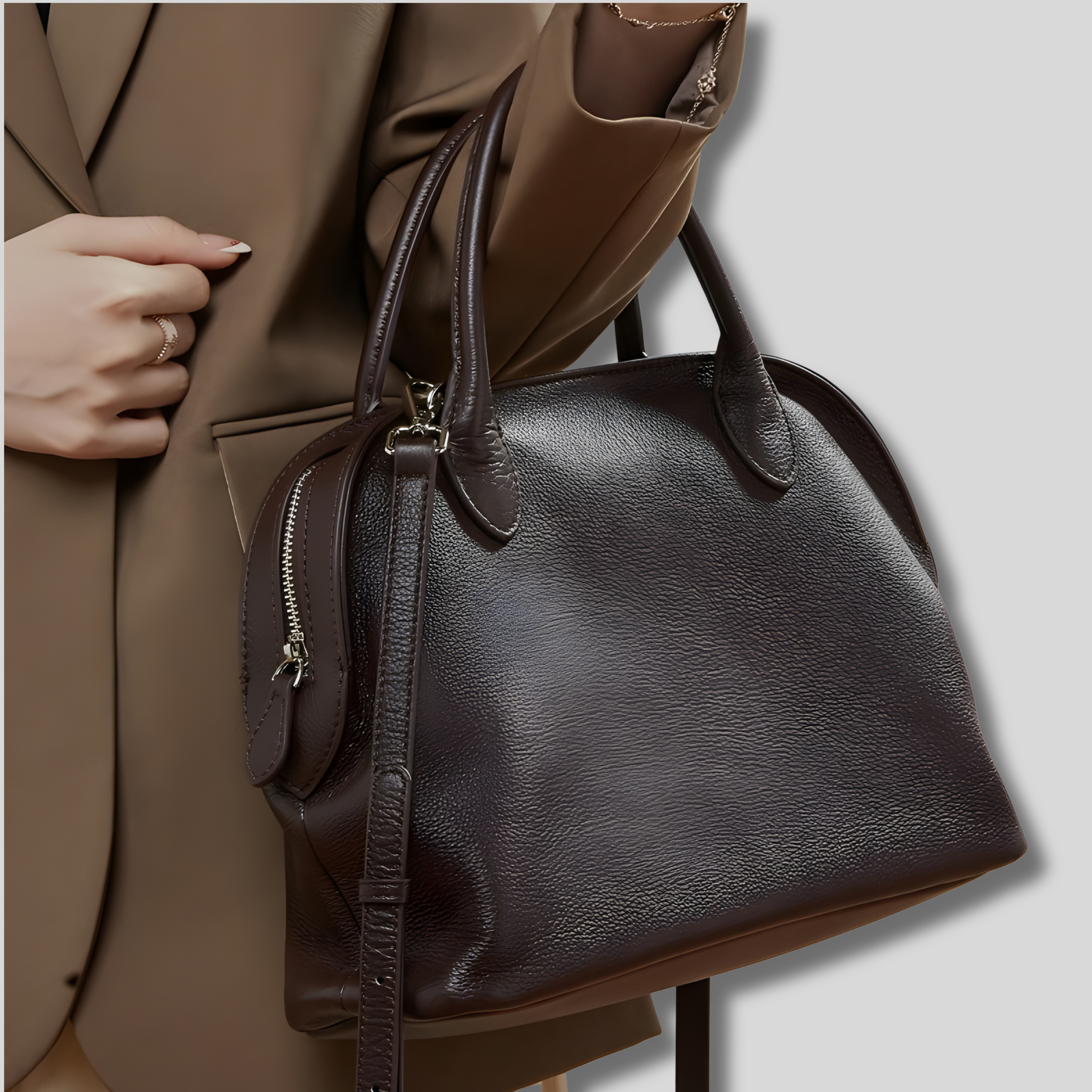Sac en cuir véritable marron Élyndra porté à l’épaule avec blazer – look chic moderne
