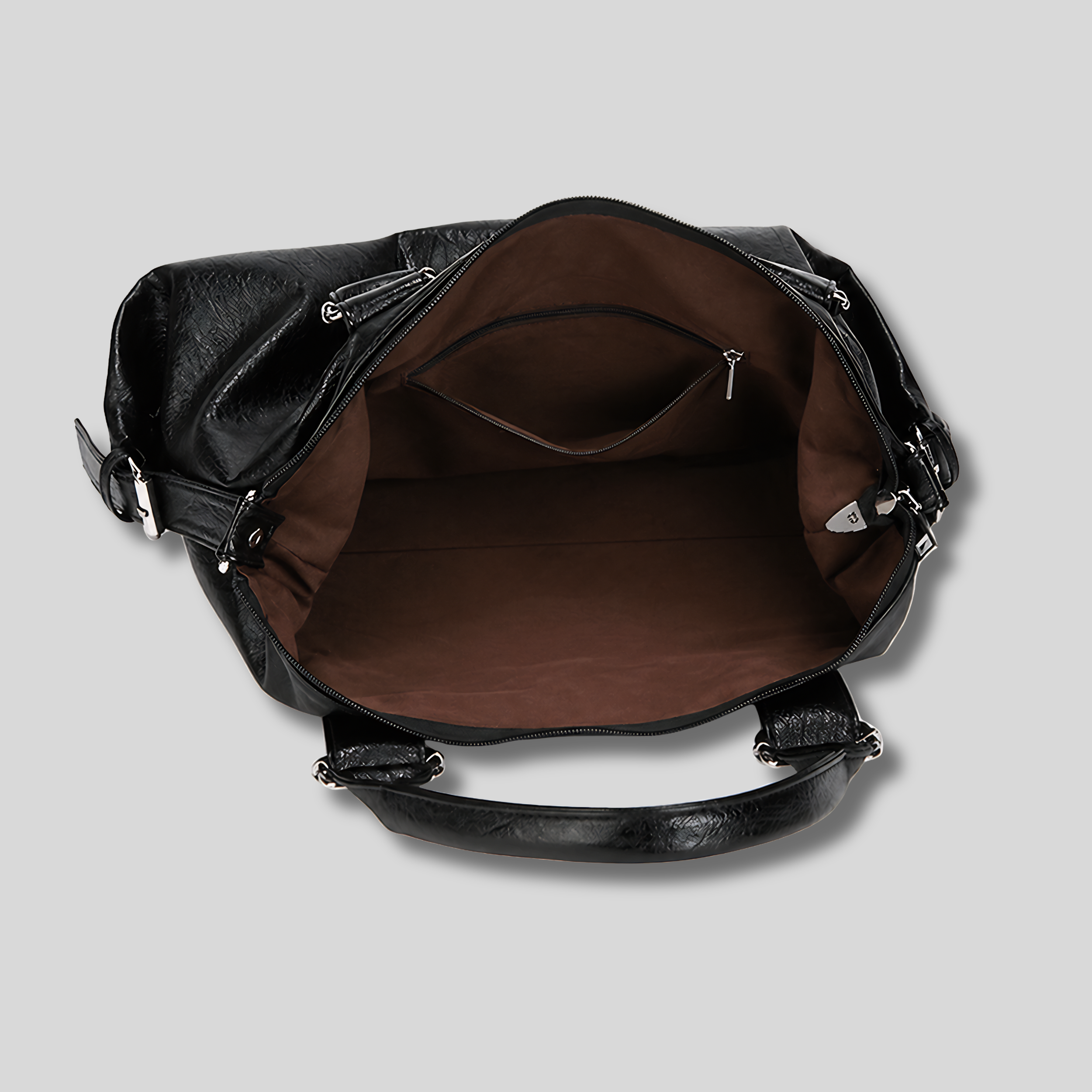 Intérieur du sac cabas noir grand compartiment avec poche zippée