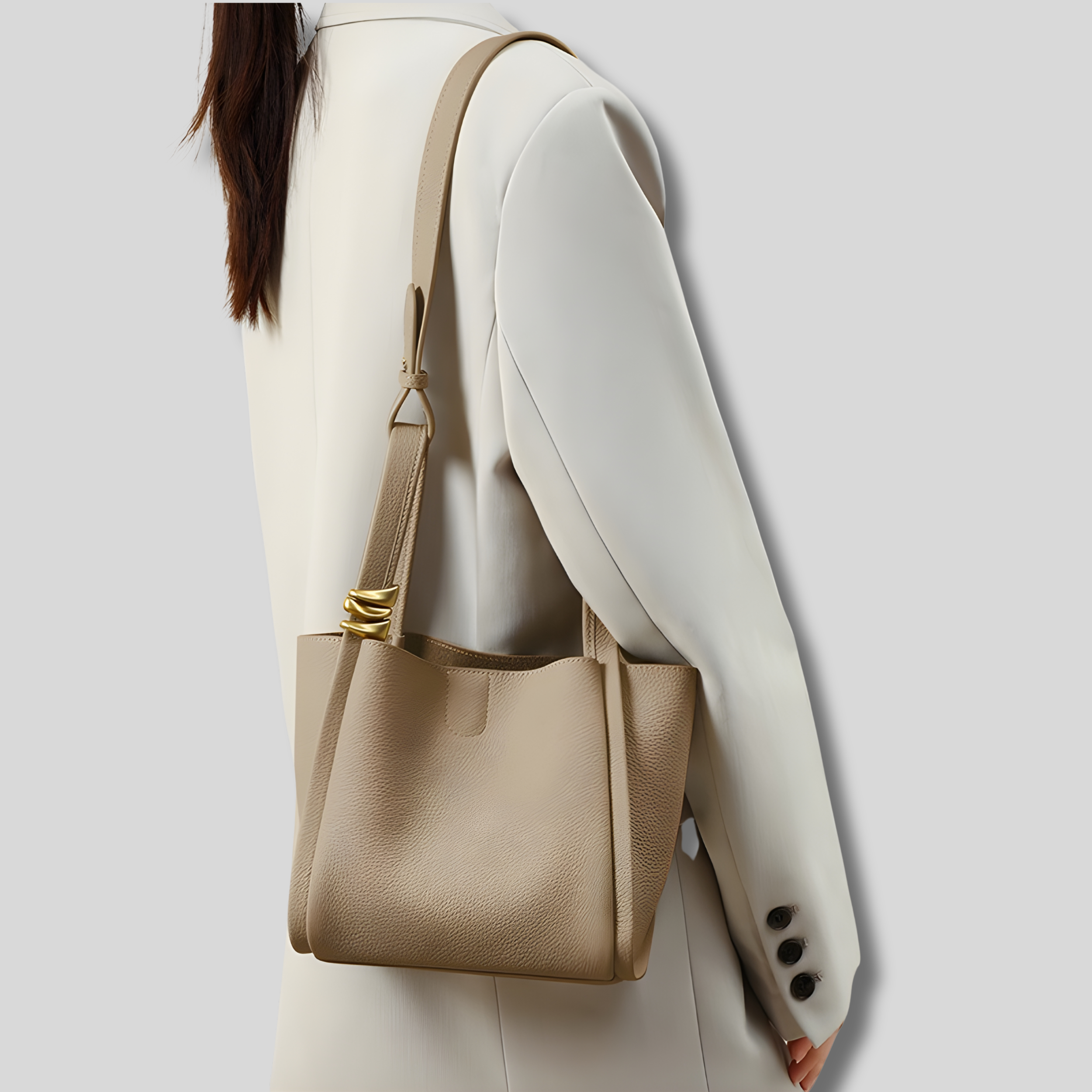 Sac Épaule Valéa beige porté à l’épaule, vue latérale élégante