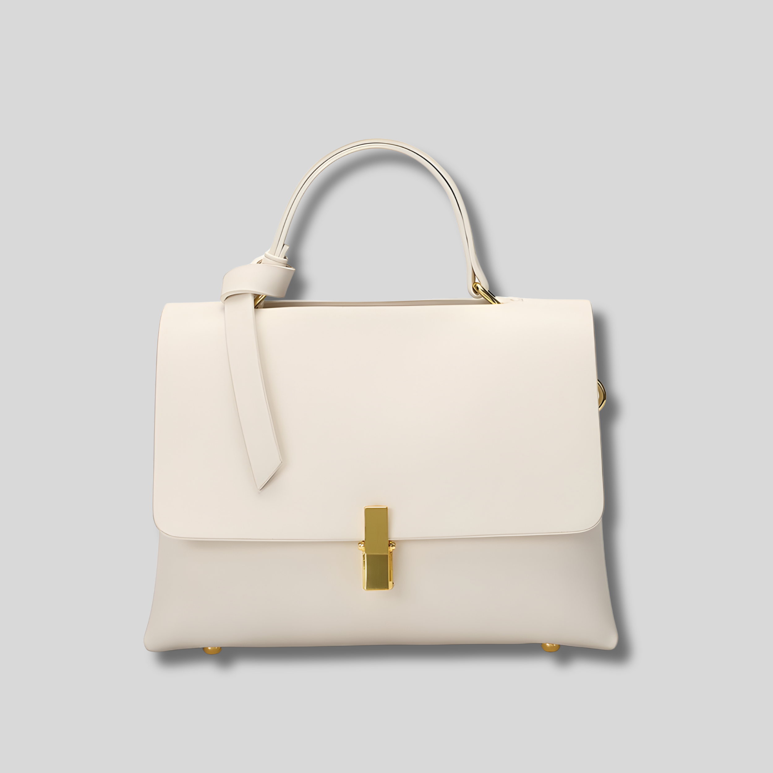 Sac à main crème en cuir lisse avec rabat structuré et fermoir doré élégant – vue de face.
