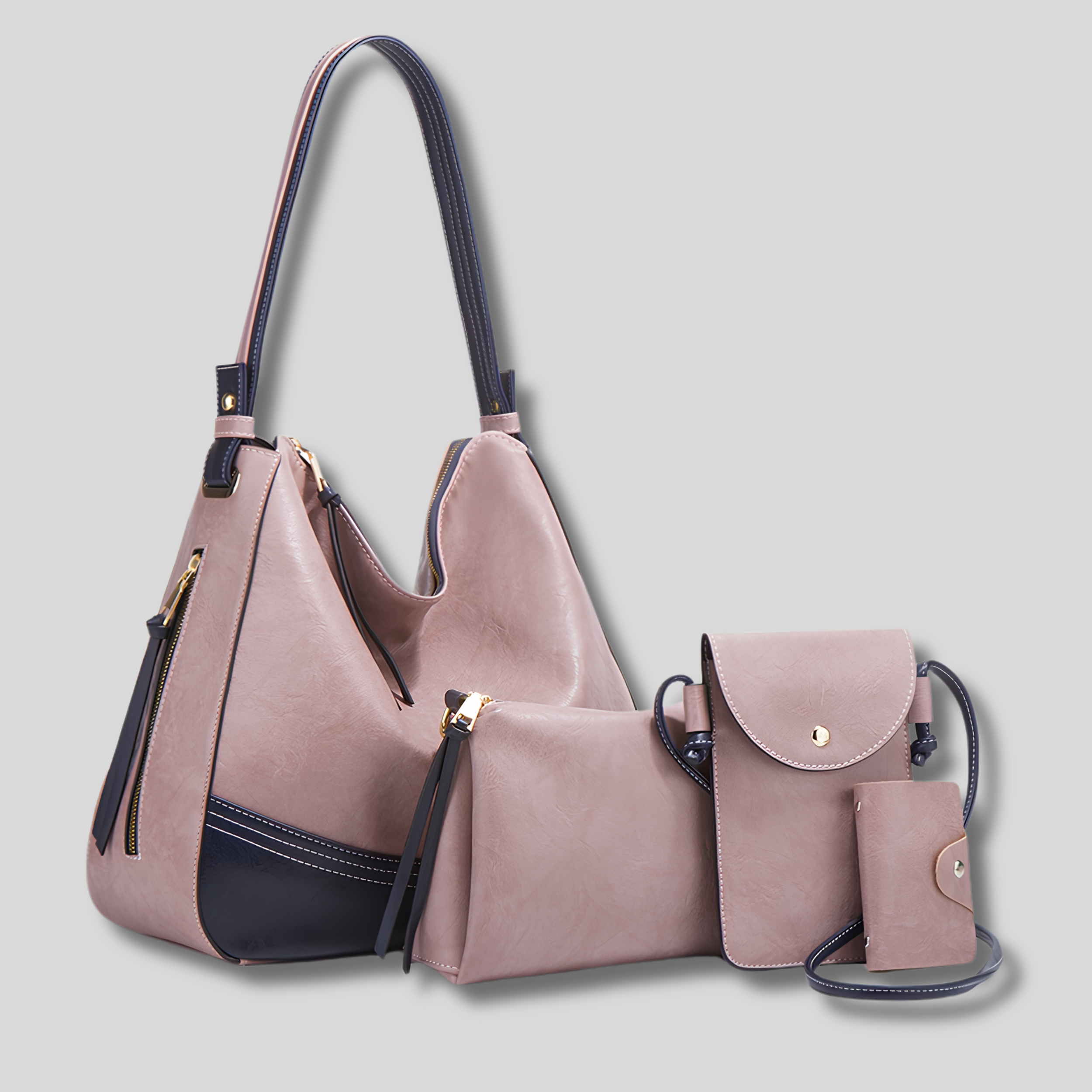Sac à main rose poudré avec pochette et accessoires assortis pour femme