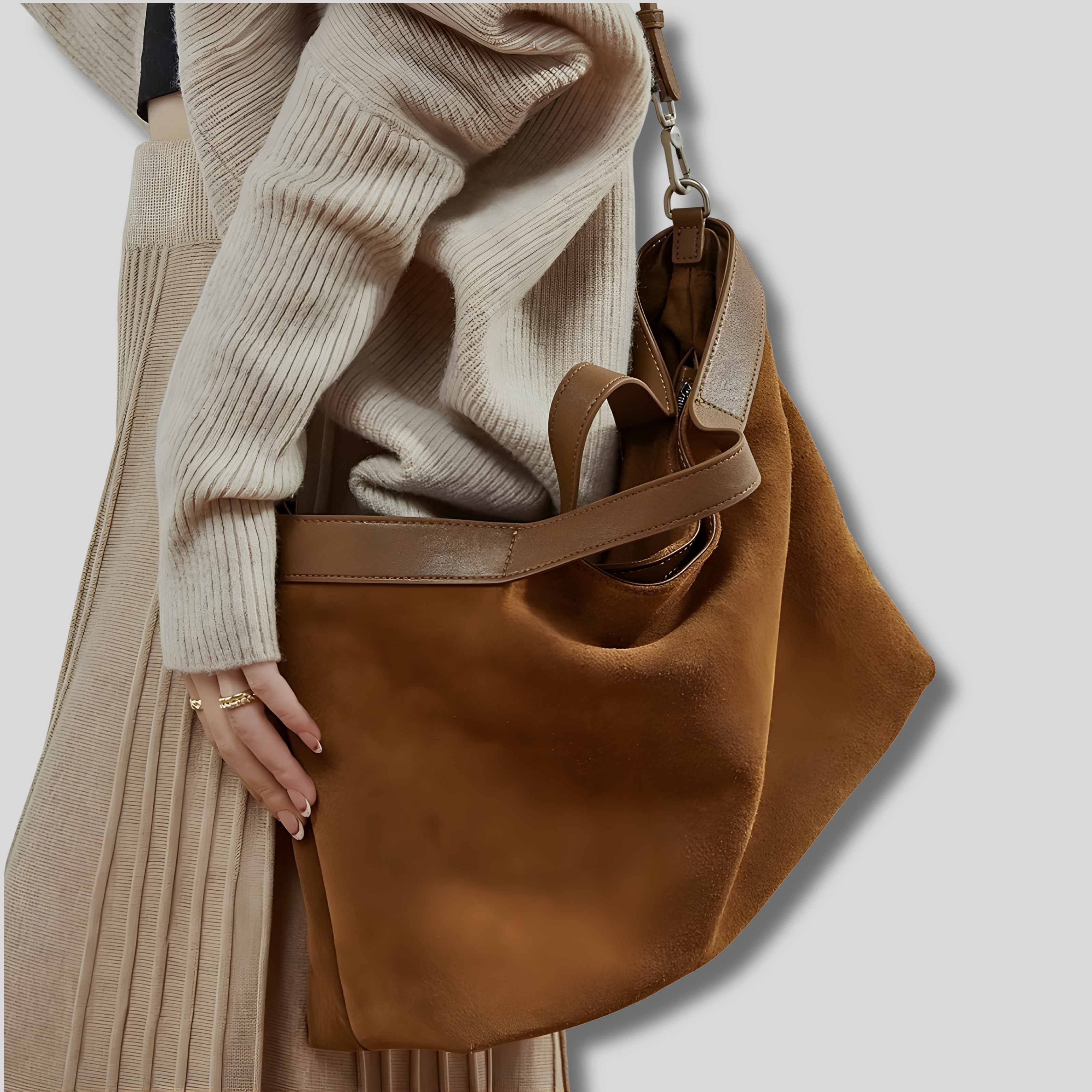 Sac Cabas Auréline en daim camel porté à l’épaule – détail du porté quotidien