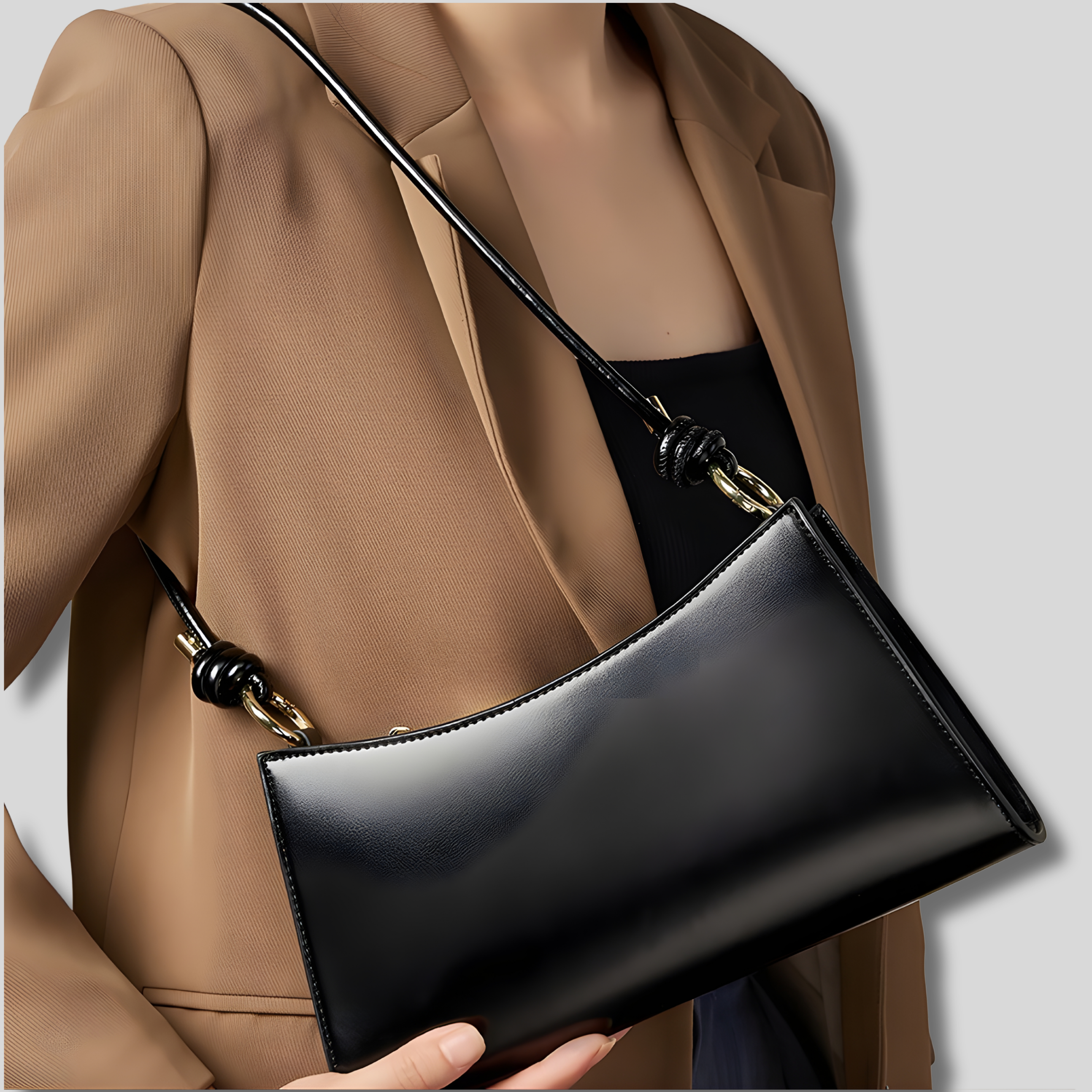 Sac épaule noir élégant porté par une femme – style minimaliste et chic