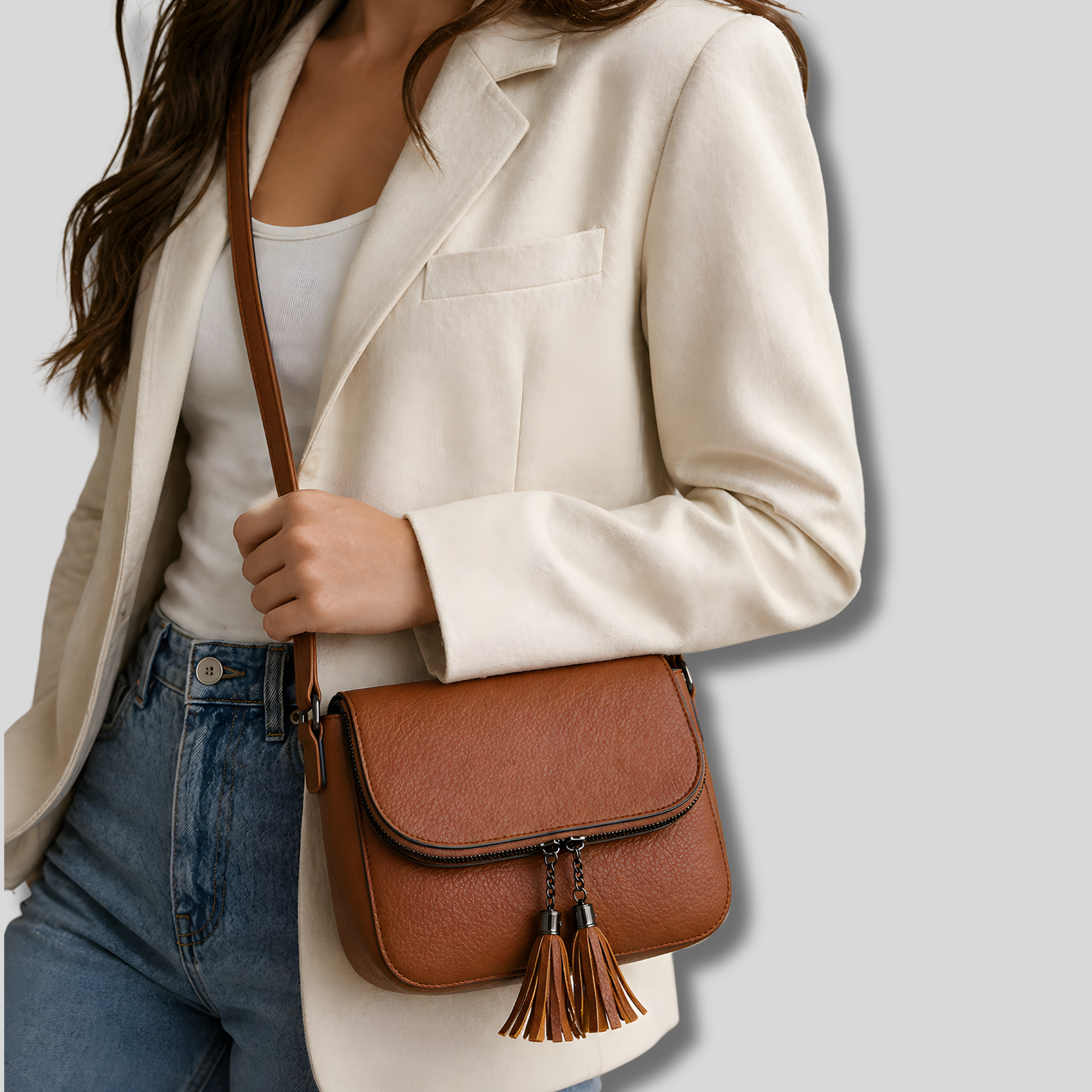 femme portant sac bandoulière marron en porté croisé