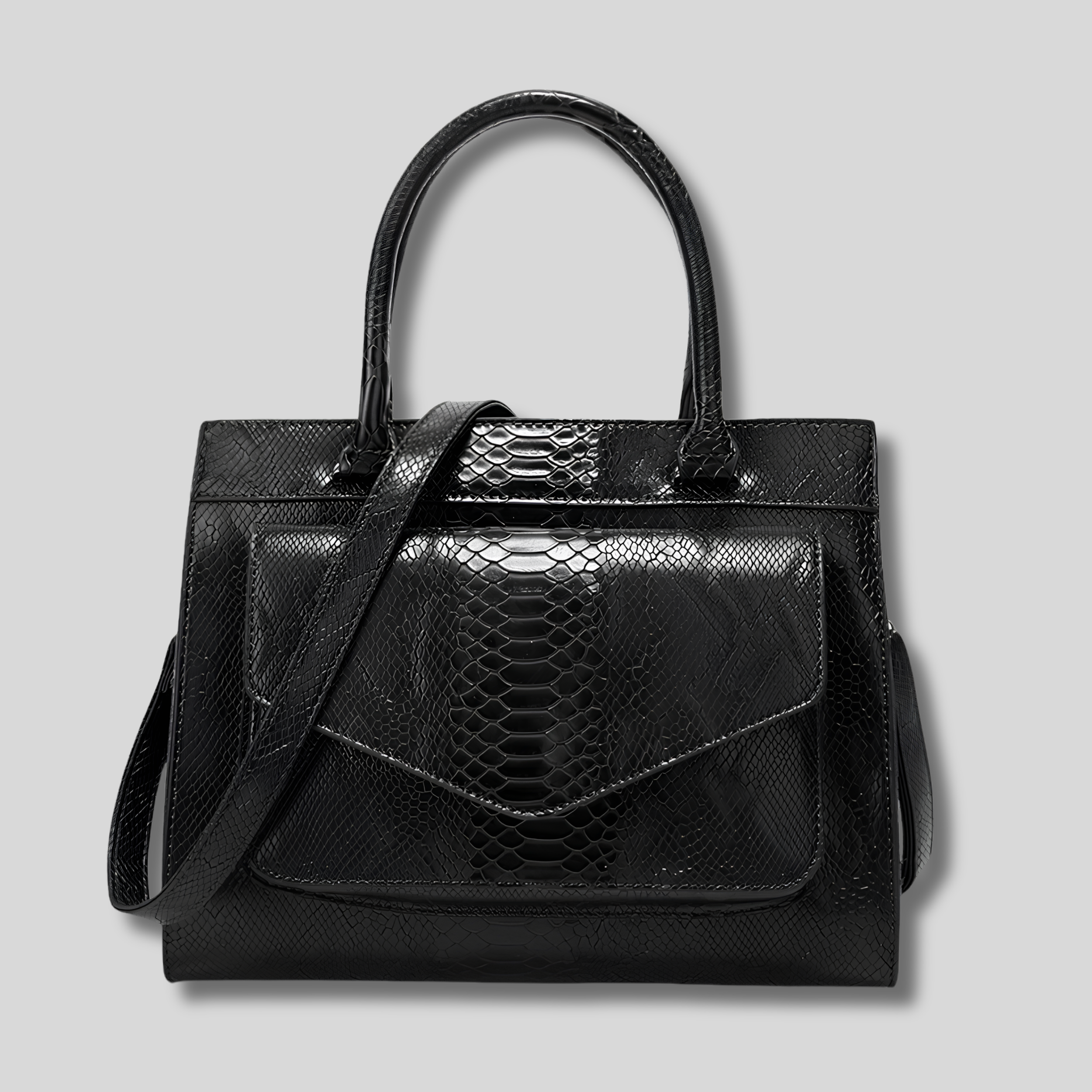 Sac Cabas Oréliane noir effet crocodile, vue de face avec bandoulière amovible
