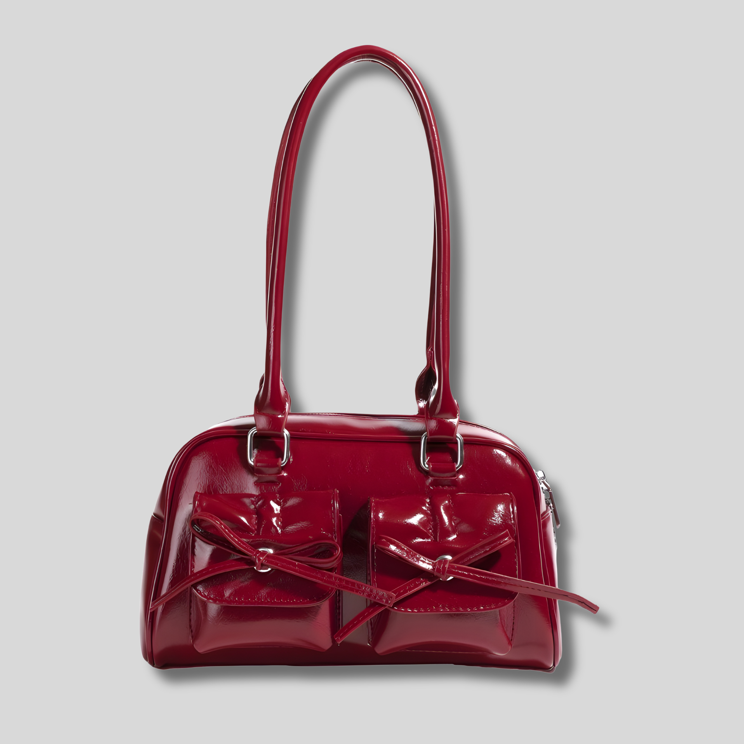 Sac épaule bordeaux brillant avec nœuds décoratifs vue de face – AlluTurne