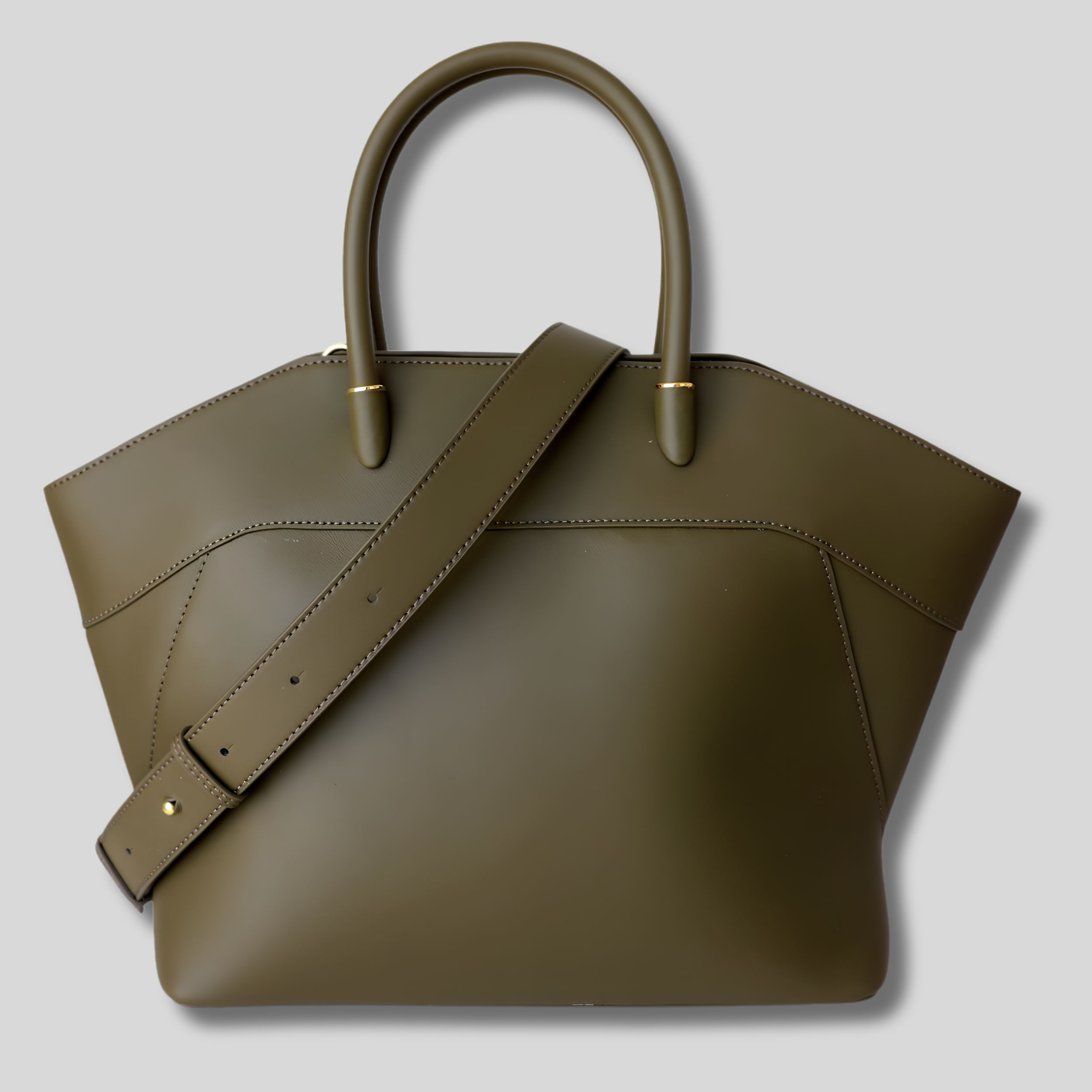 Sac Cabas Valessia kaki en cuir véritable avec finitions dorées, vue de face.