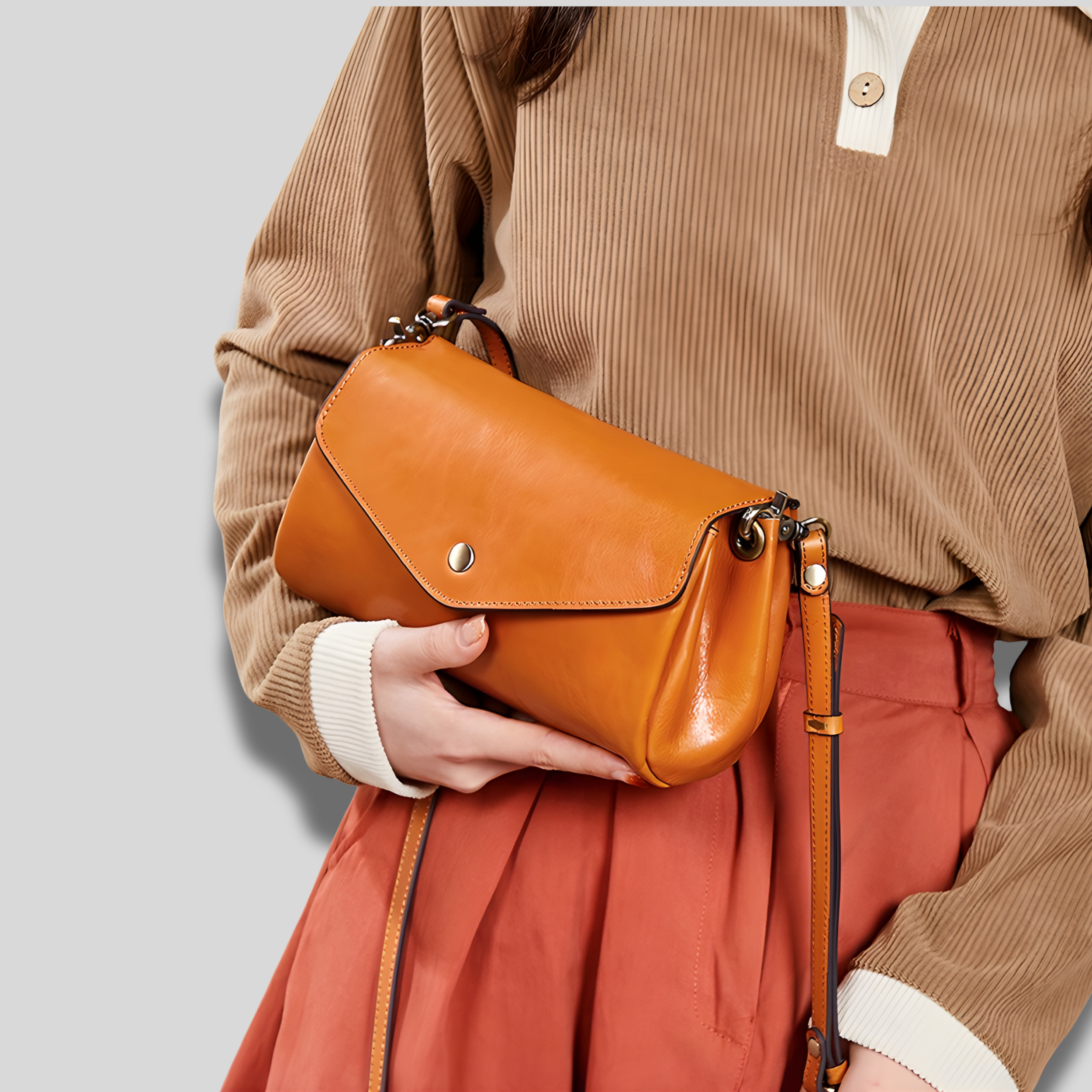 Sac bandoulière marron Arvane porté à la main, élégant et compact pour un usage quotidien