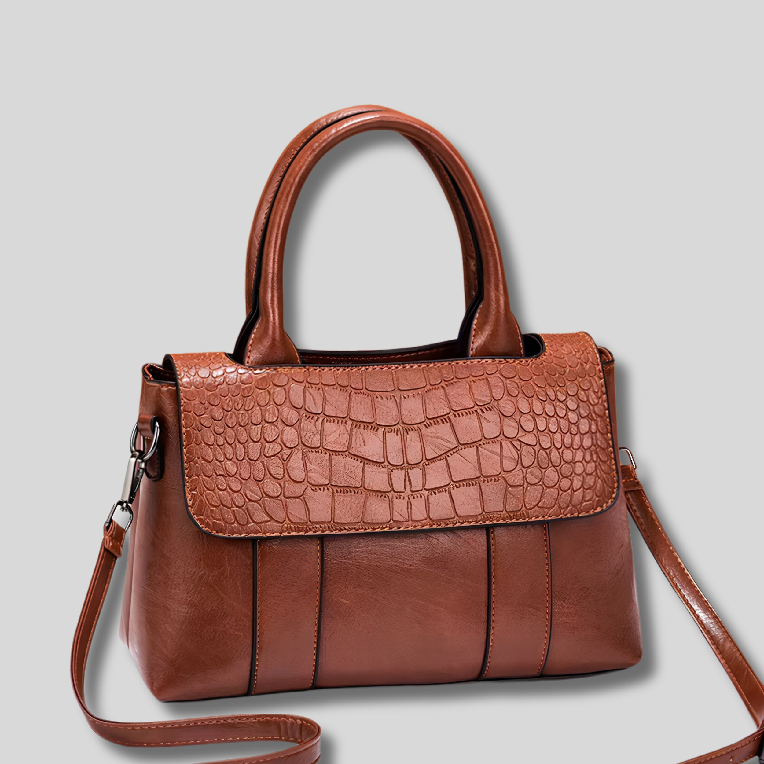 Marron – Sac à main vintage Crocélya avec texture crocodile et silhouette élégante