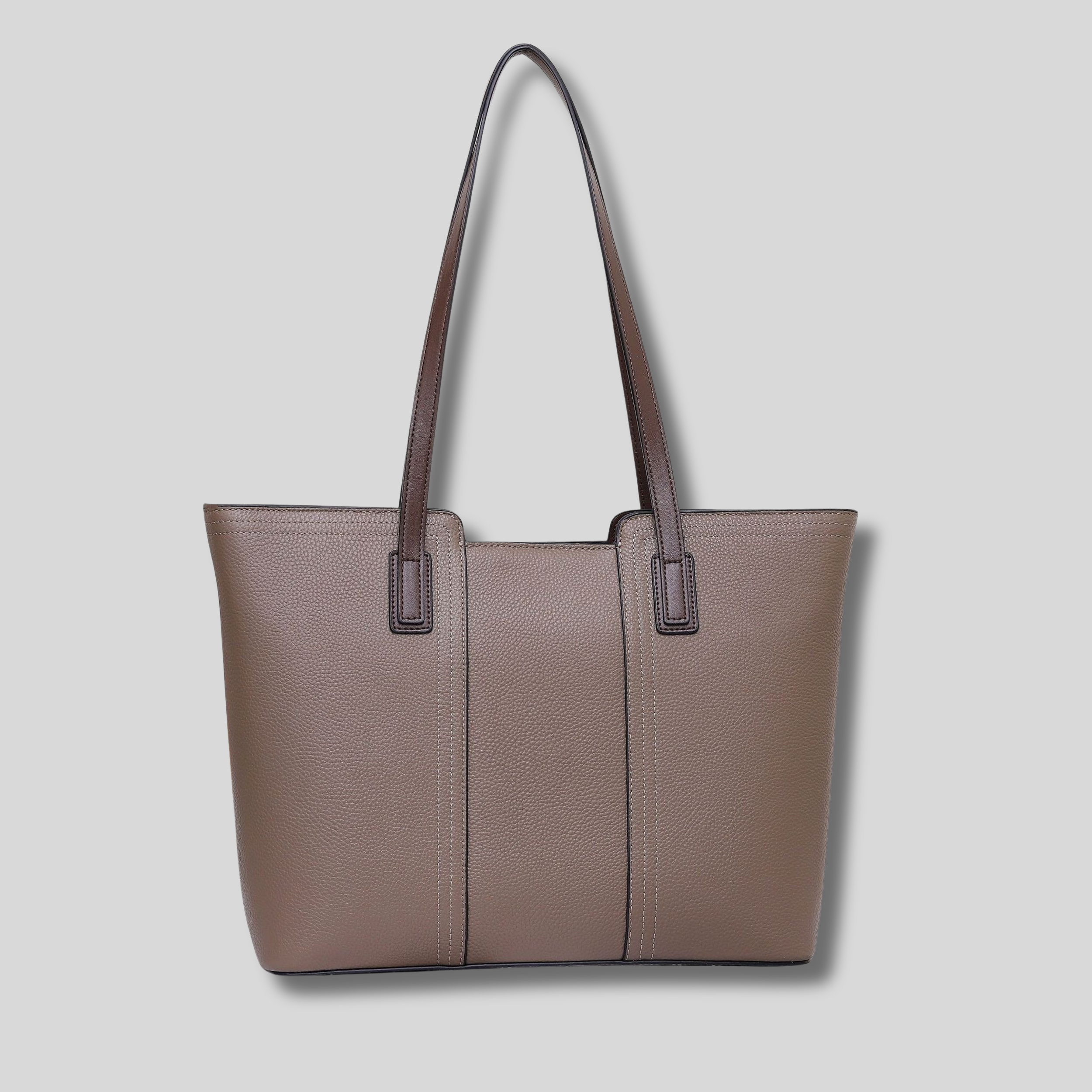Sac cabas en cuir véritable taupe avec longues anses – vue de face