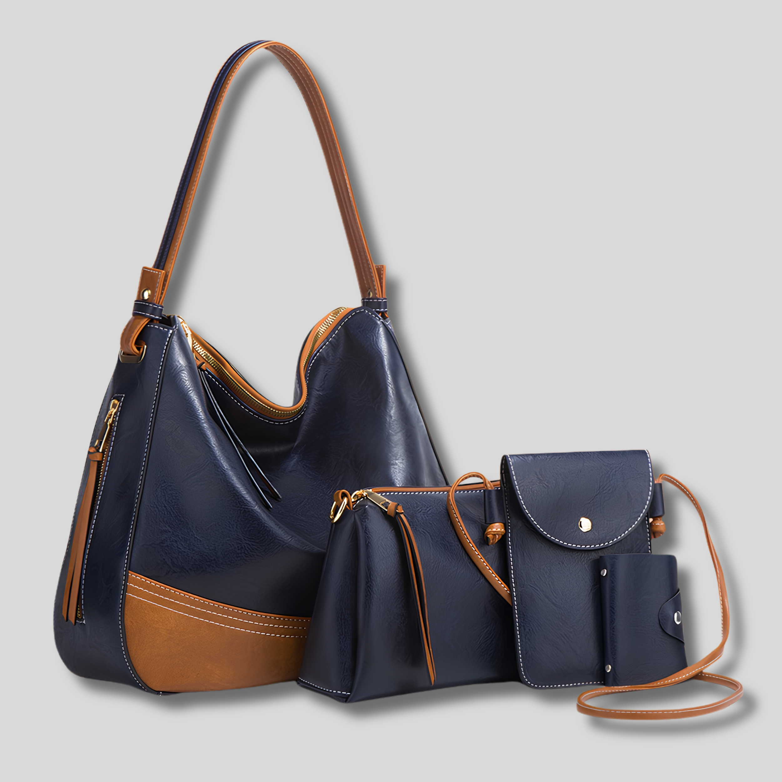 Grand sac épaule bleu marine avec détails camel et ensemble assorti