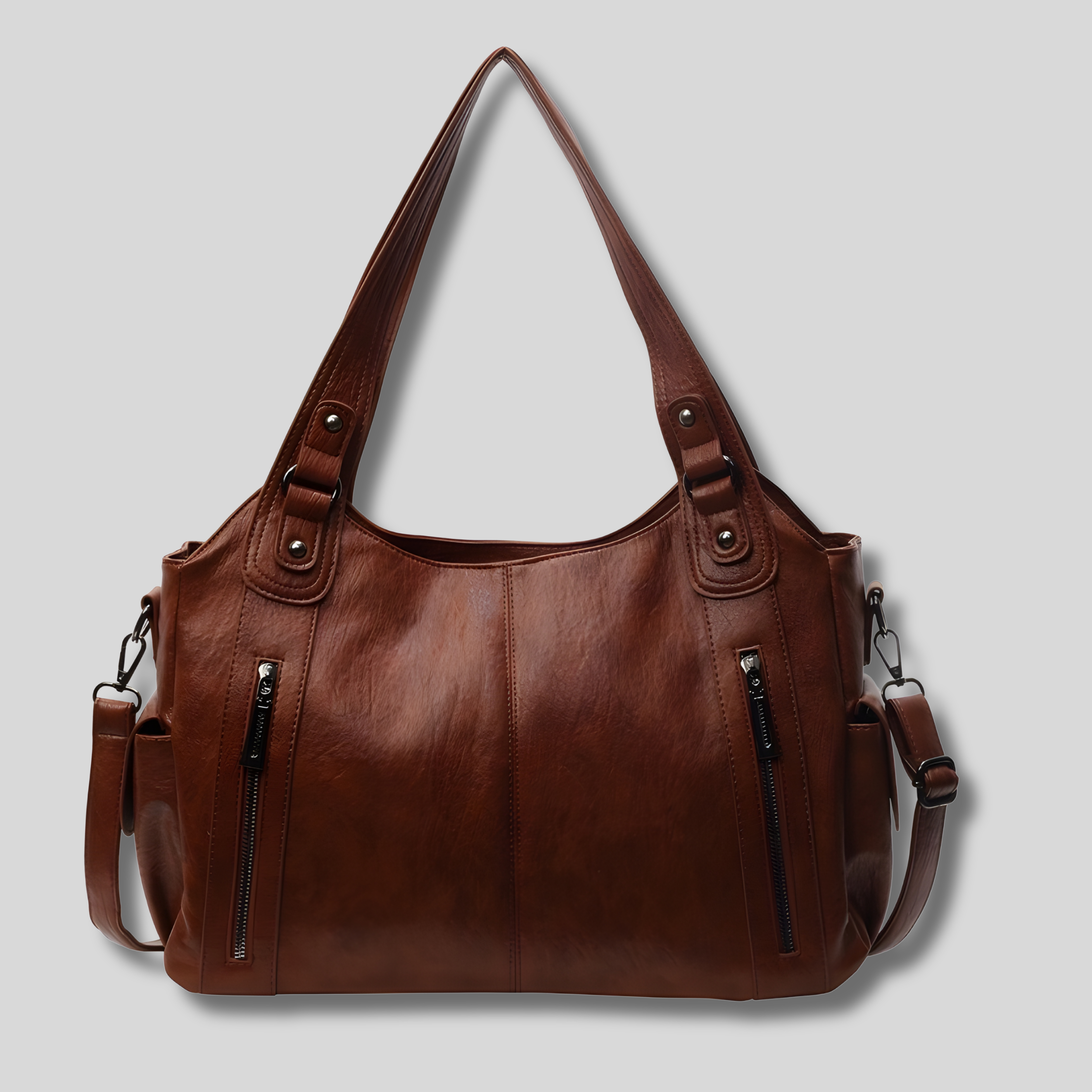 Sac à épaule marron, vue de face, grand format avec poches zippées verticales et anses longues confortables