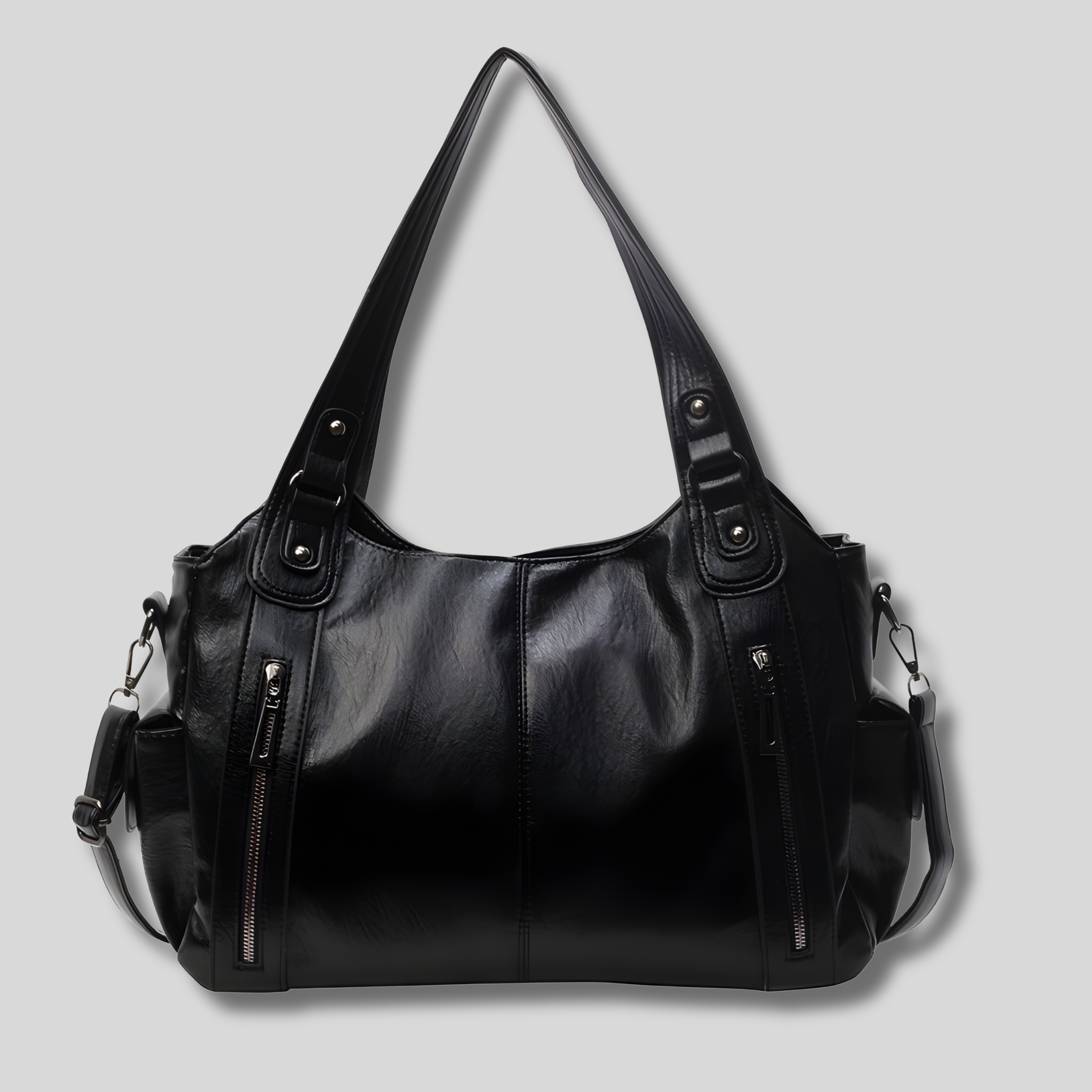 Sac à épaule noir porté sur l’épaule, style quotidien moderne avec grande capacité et poches latérales pratiques