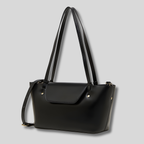 Sac Épaule Maëvora en cuir véritable noir avec finitions dorées et double anses