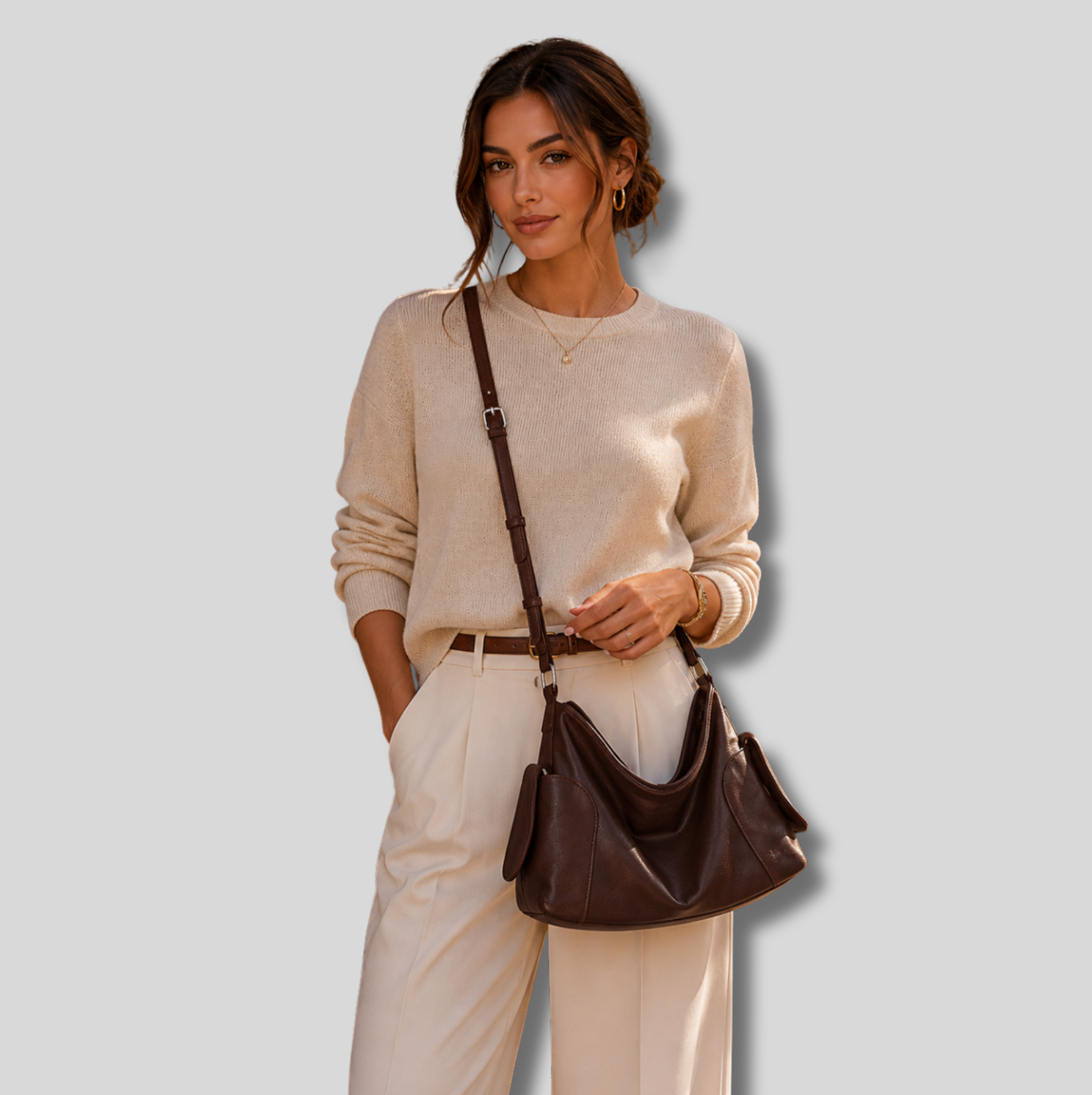 Sac Bandoulière Orélyne marron porté en bandoulière avec sangle réglable et silhouette moderne.