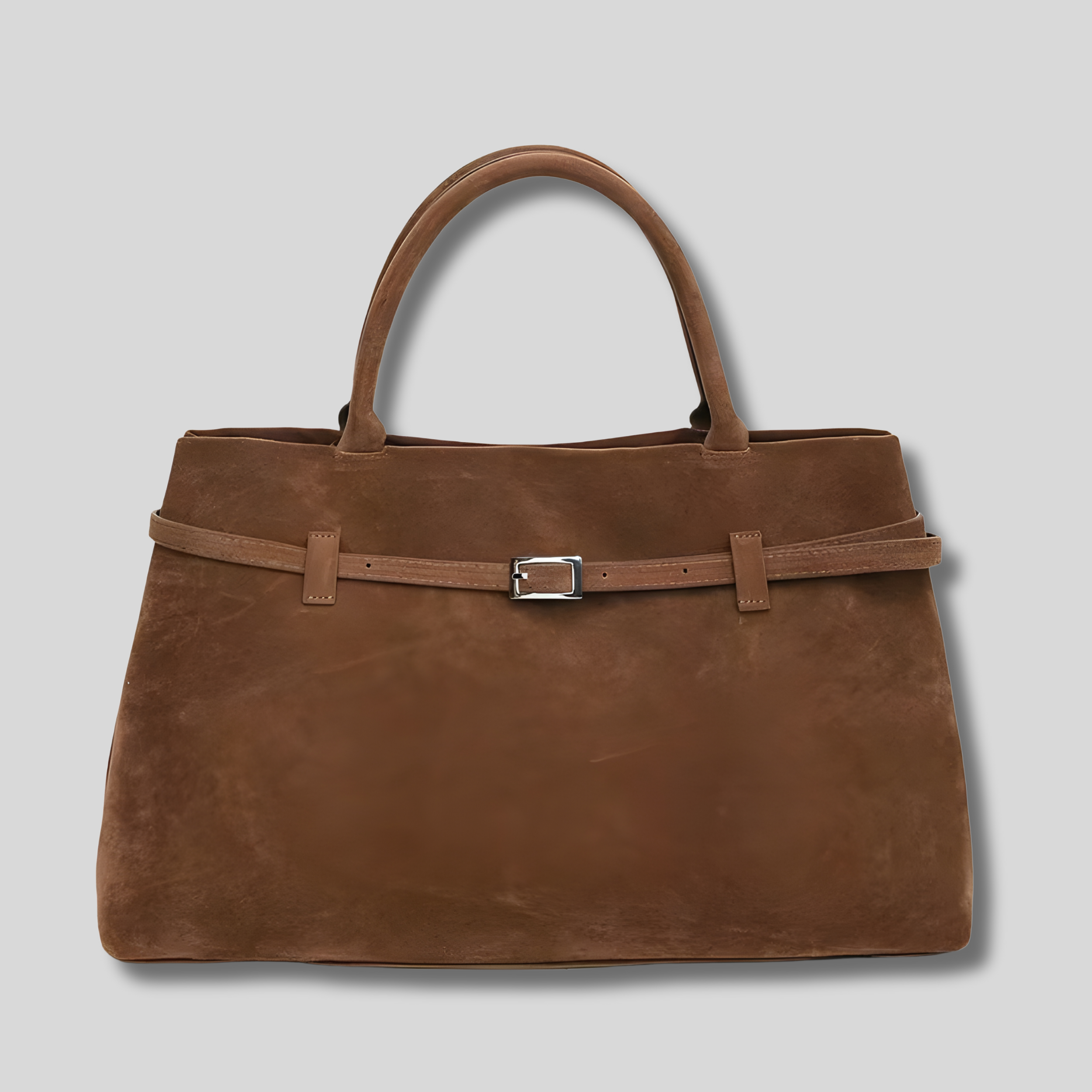 Sac cabas en daim marron cognac avec boucle argentée