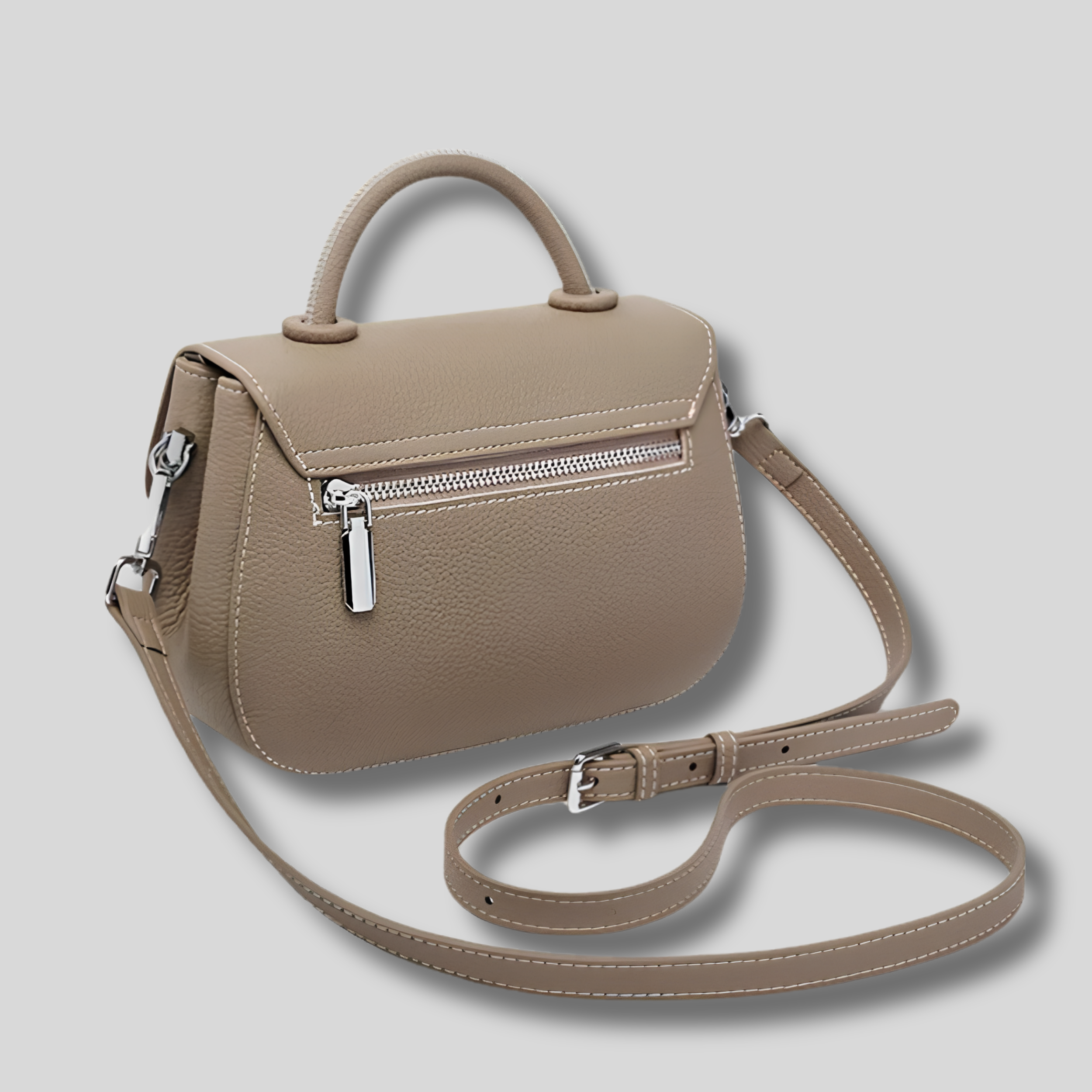 Sac Bandoulière Miréa en cuir véritable taupe – vue arrière avec poche zippée